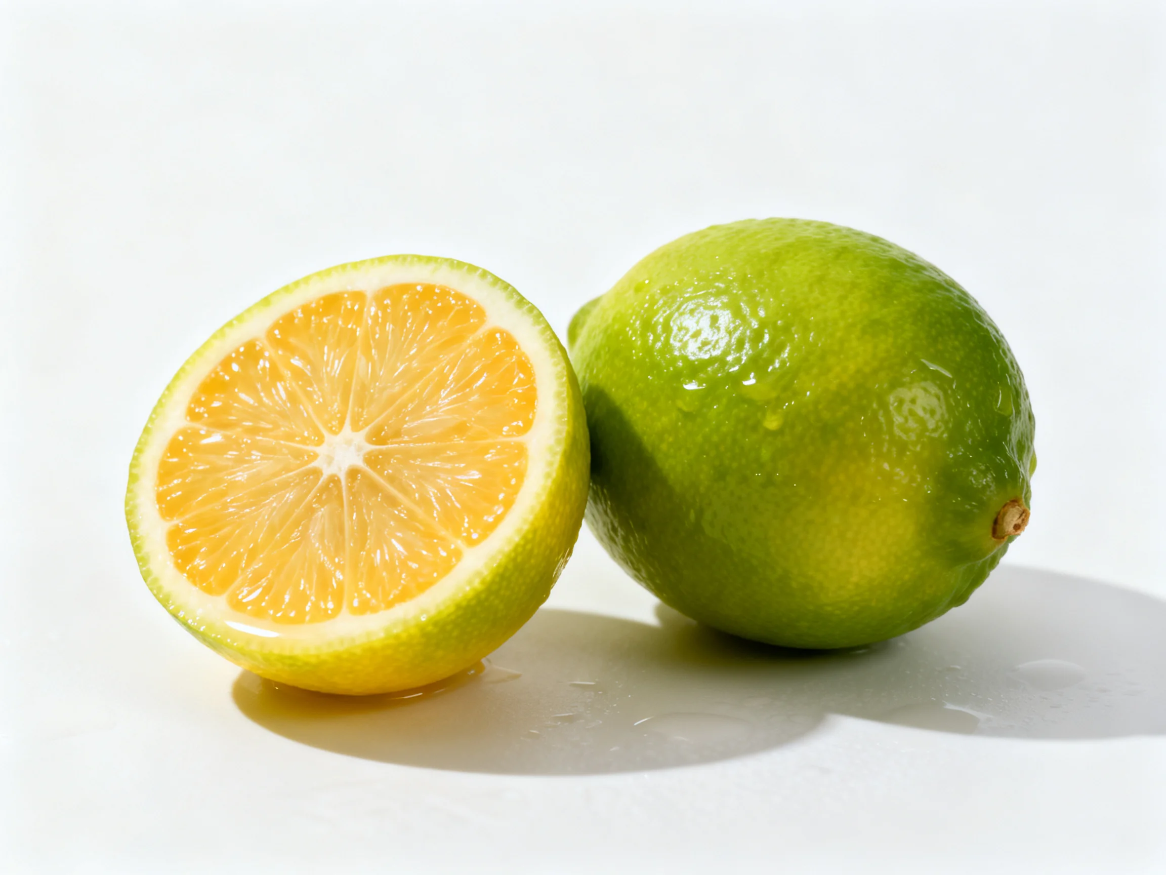 Two fresh limes, one halved with vibrant orange interior