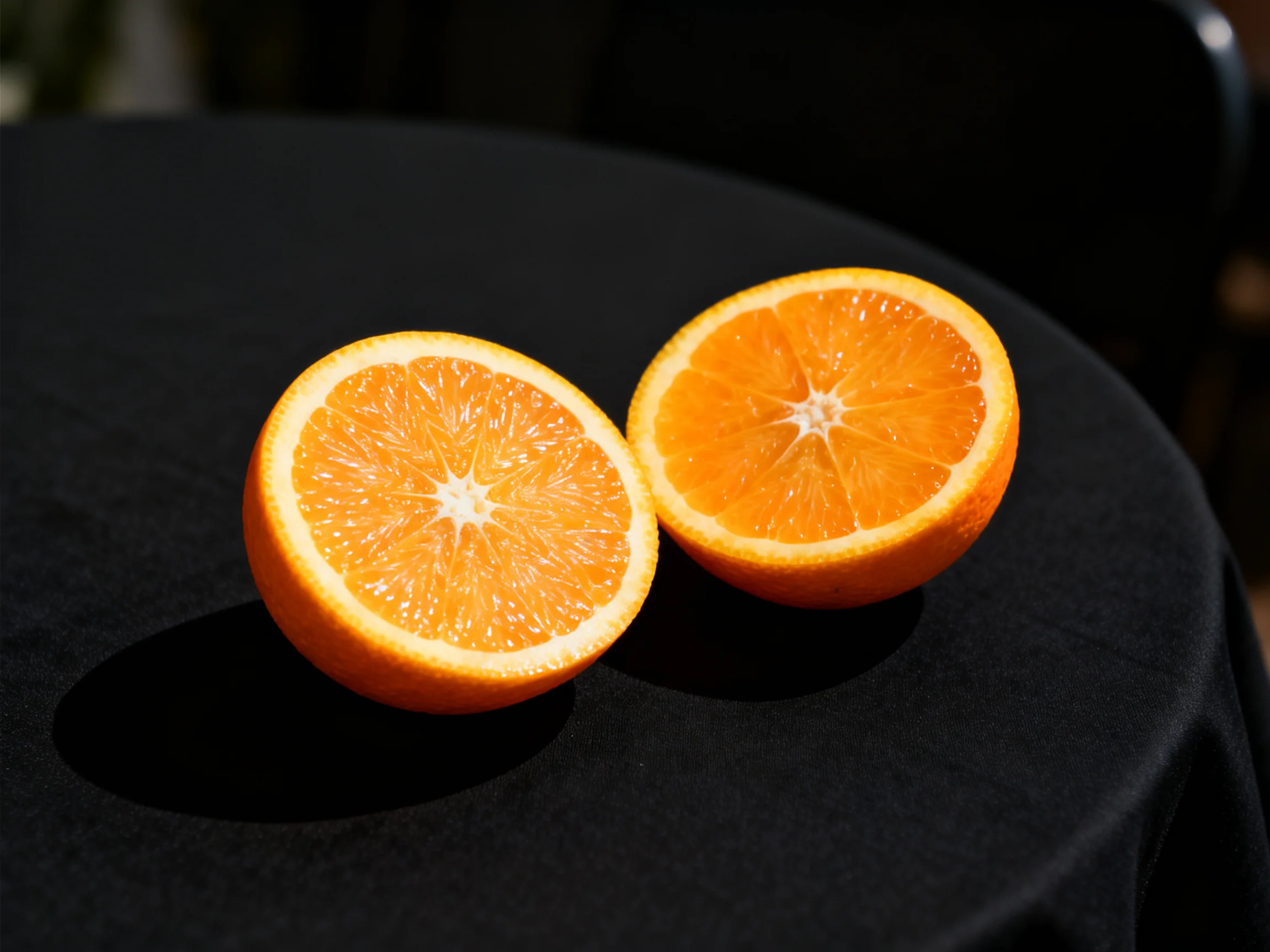 Two fresh orange citrus halves sit on a black tablecloth