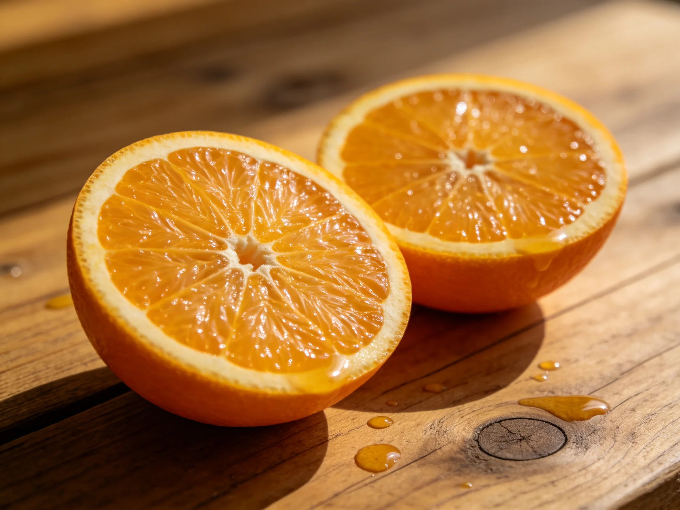 Two fresh orange halves rest on a wooden surface with juice droplets.