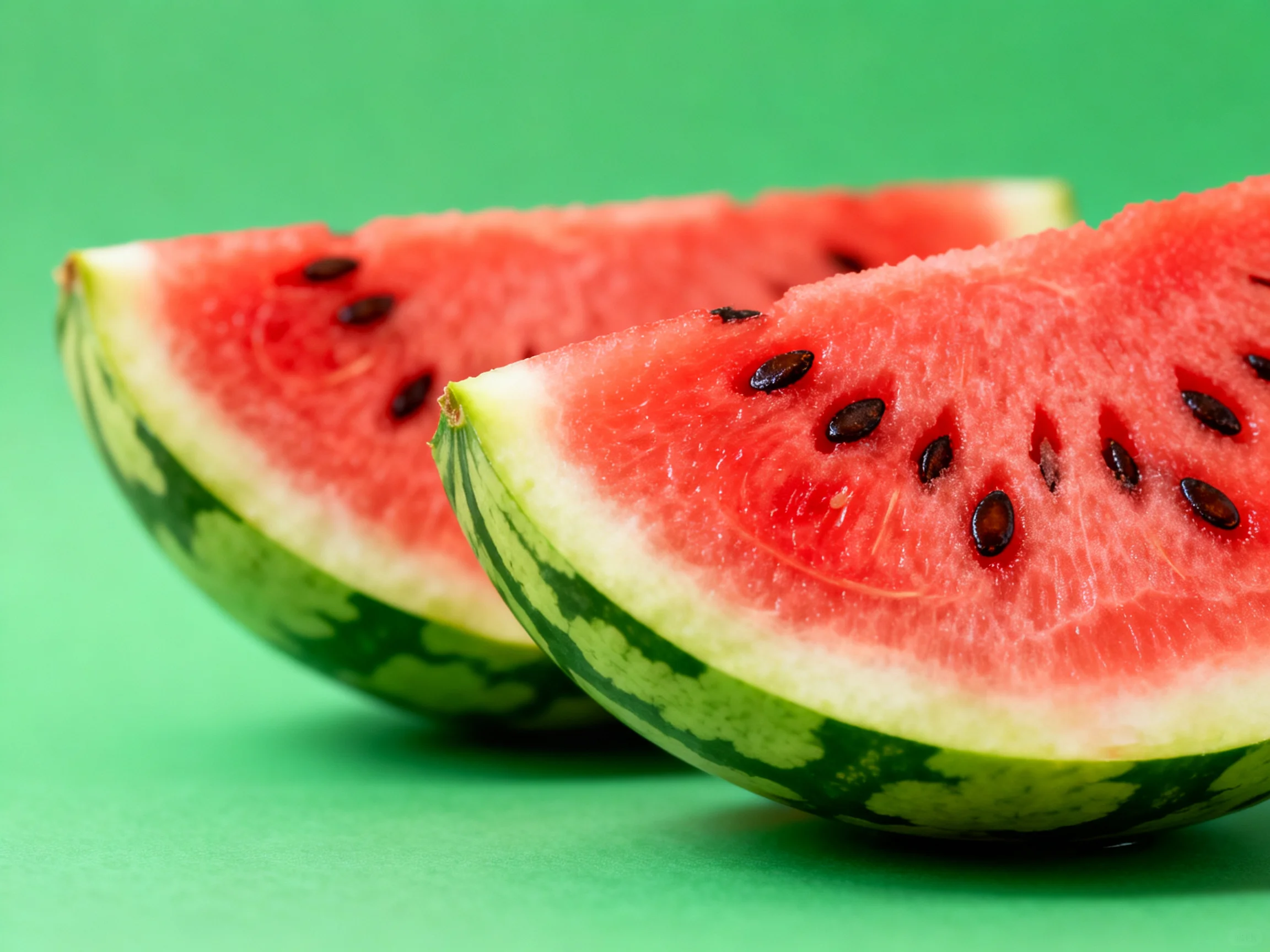 Two fresh watermelon wedges with red flesh and green rind