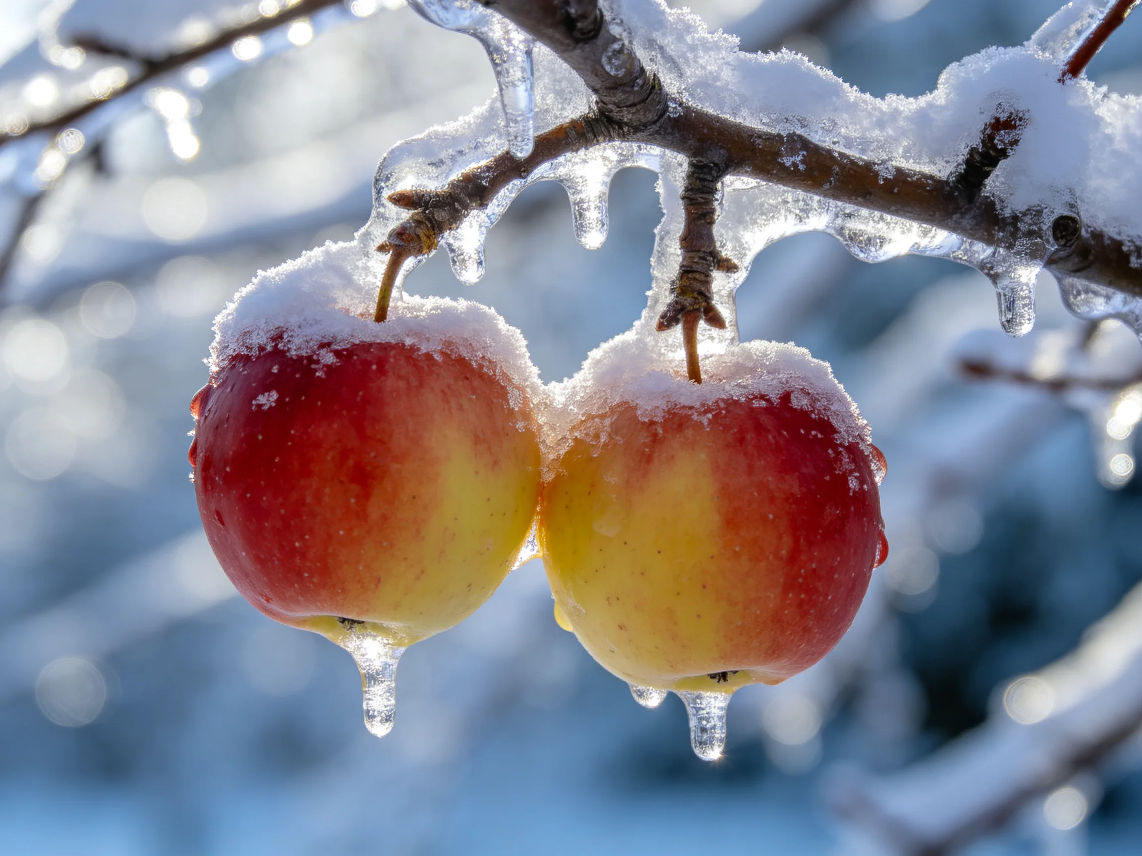 Two frost-draped red-yellow apples hang from an icy-coated branch