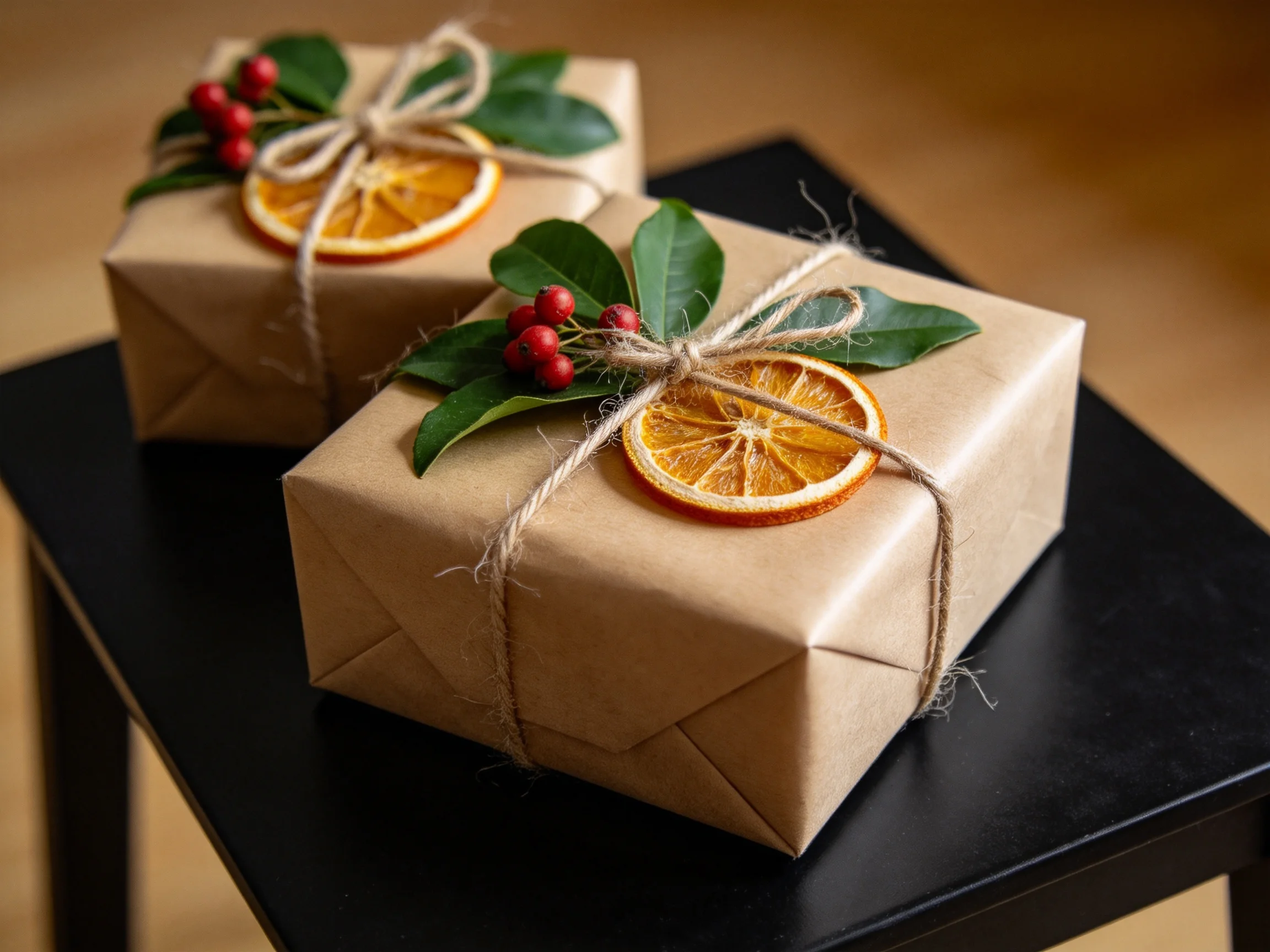 Two gift boxes wrapped in brown paper with natural decorations