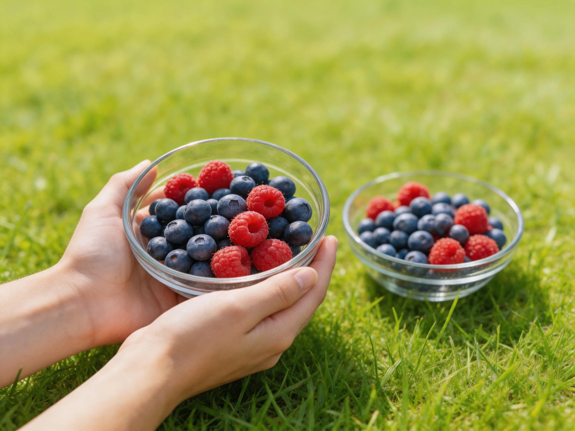 Two glass bowls hold mixed raspberries and blueberries on green grass