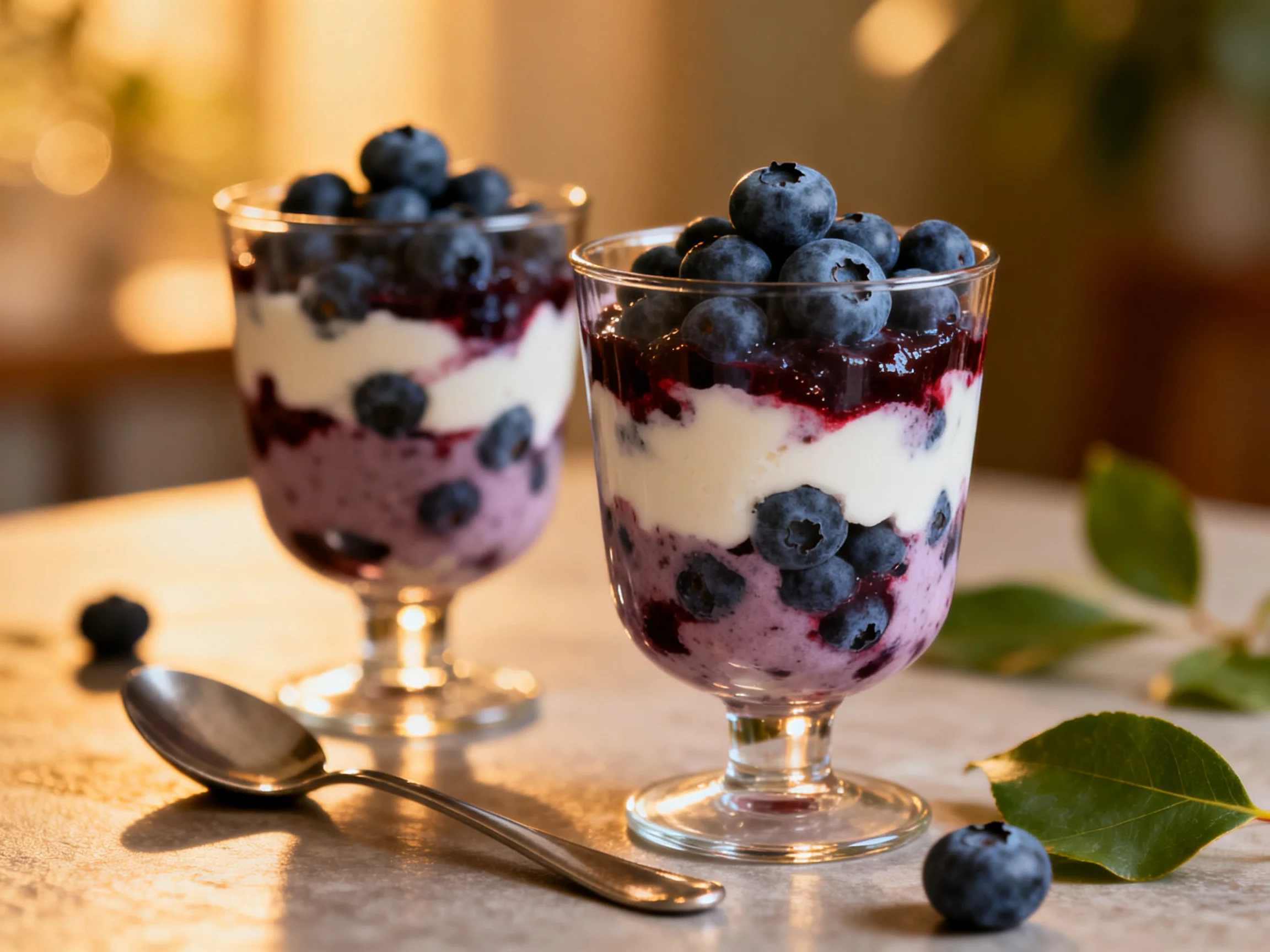 Two glass cups hold layered berry and cream parfaits with fresh blueberries