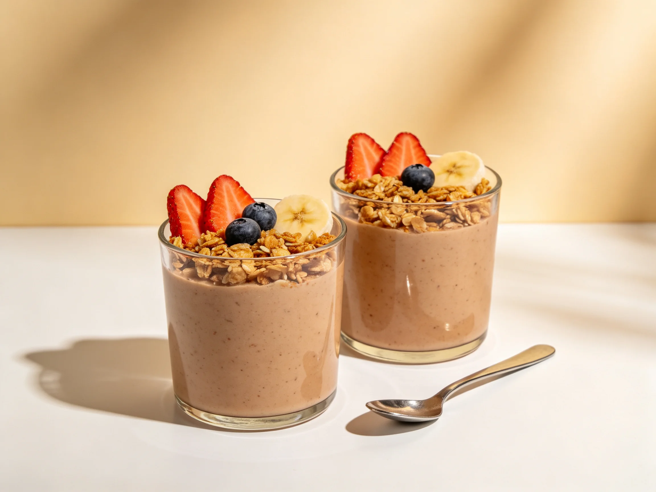 Two glass cups of chocolate smoothie topped with berries and granola