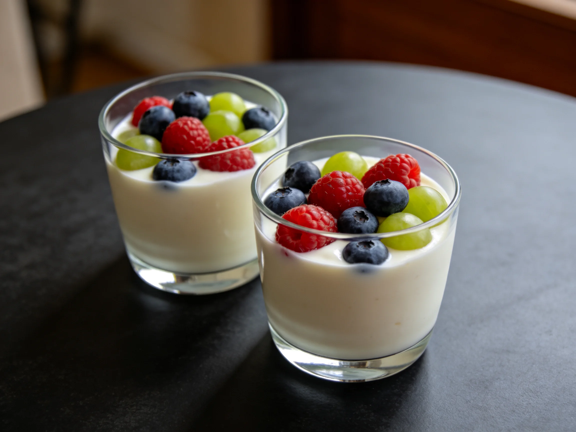 Two glass cups of creamy yogurt topped with mixed berries