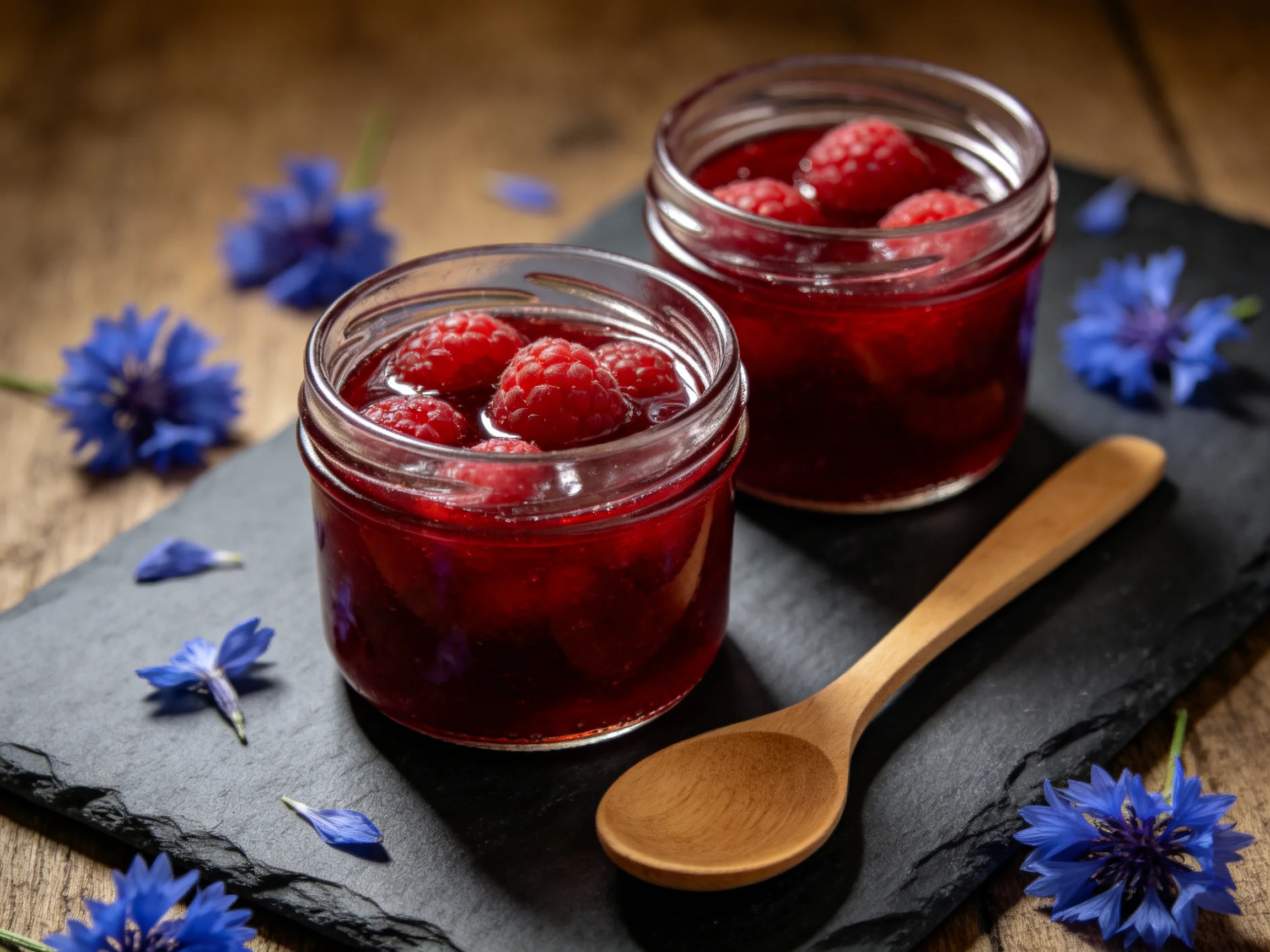Two glass jars filled with raspberry jam sit among blue flowers