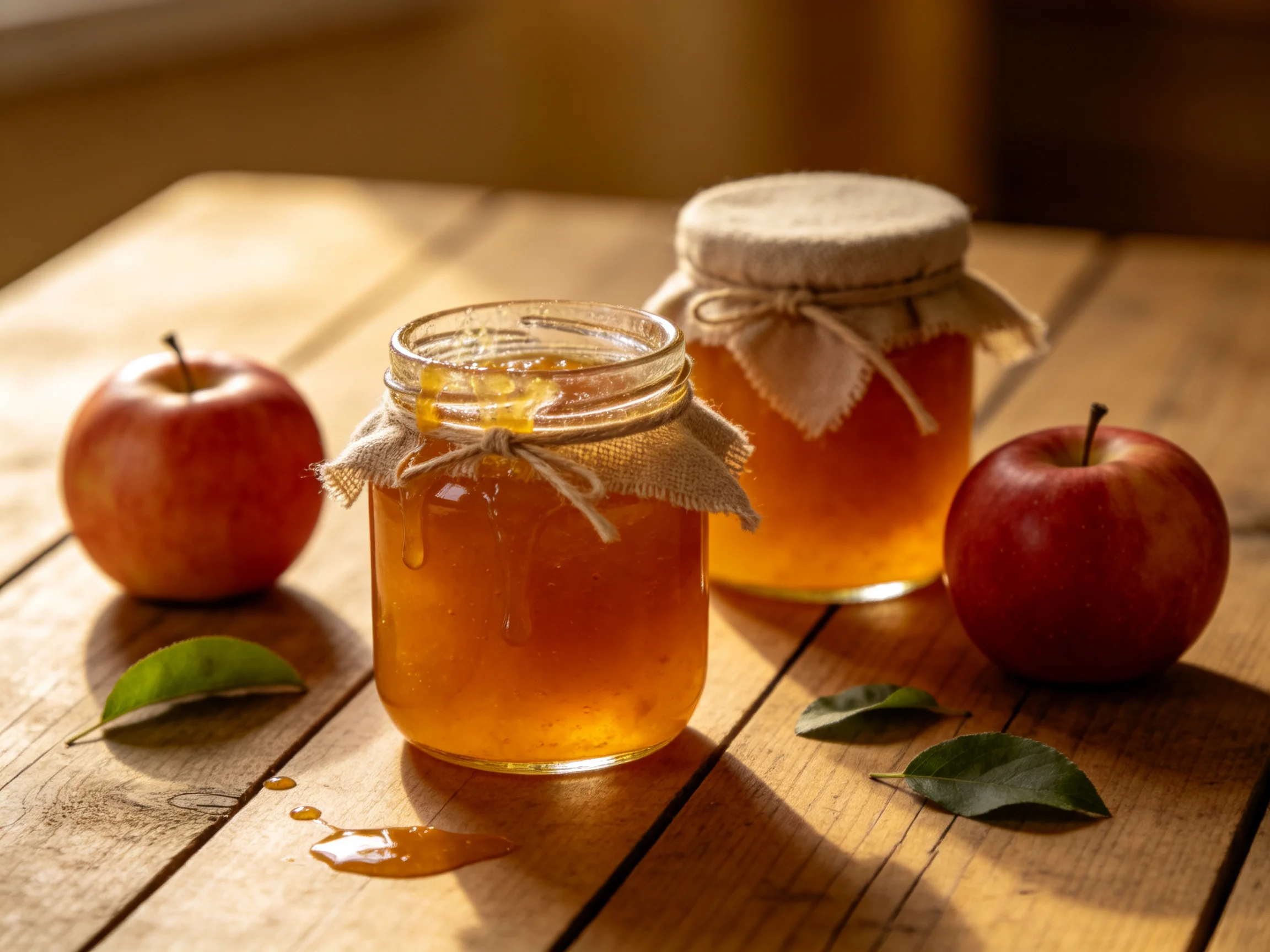 Two glass jars of amber jam sit beside red apples on a wooden table