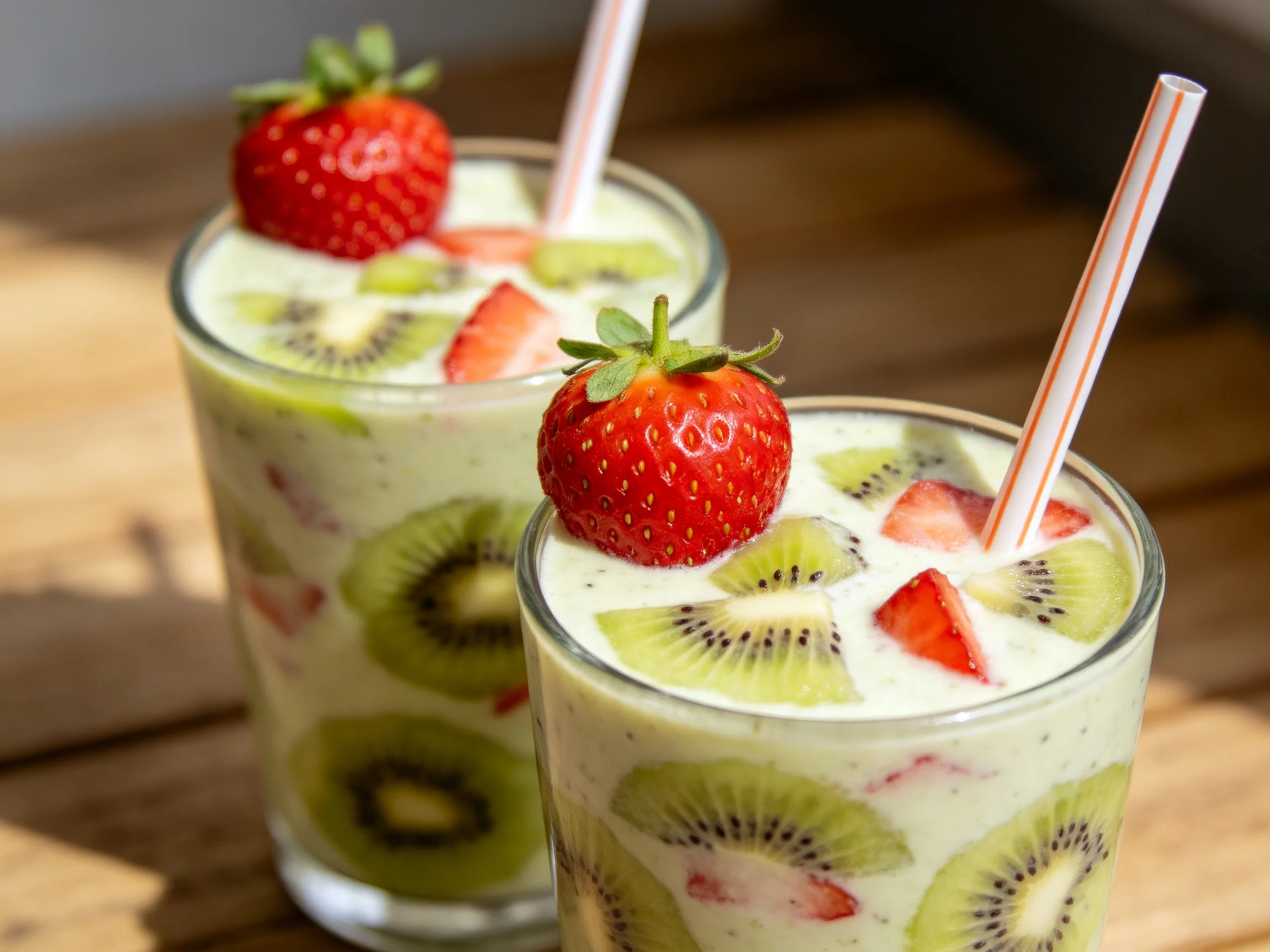 Two glasses of strawberry and kiwi fruit smoothies with striped straws