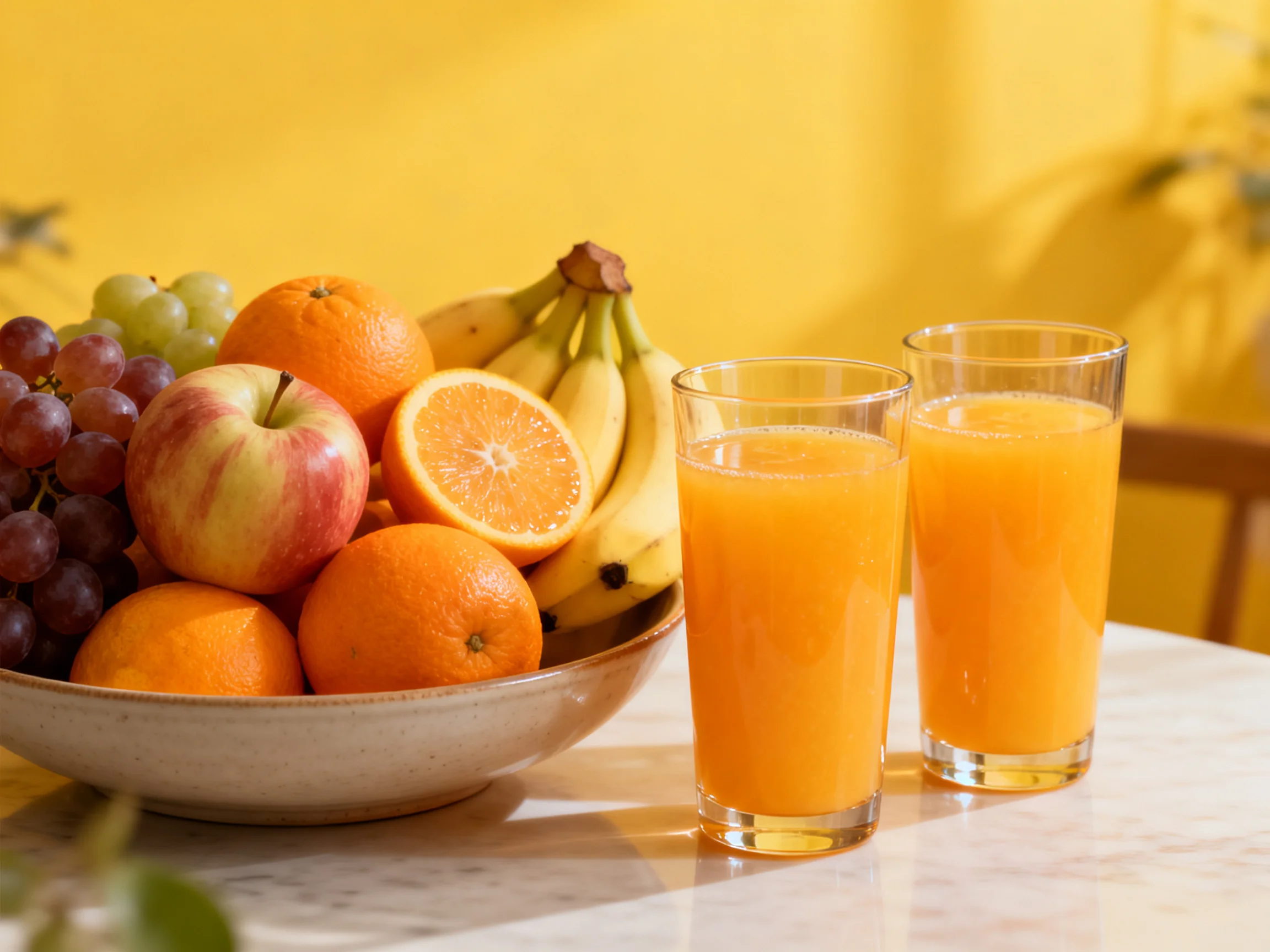 Two glasses of vibrant orange juice beside a bowl of assorted colorful fruits