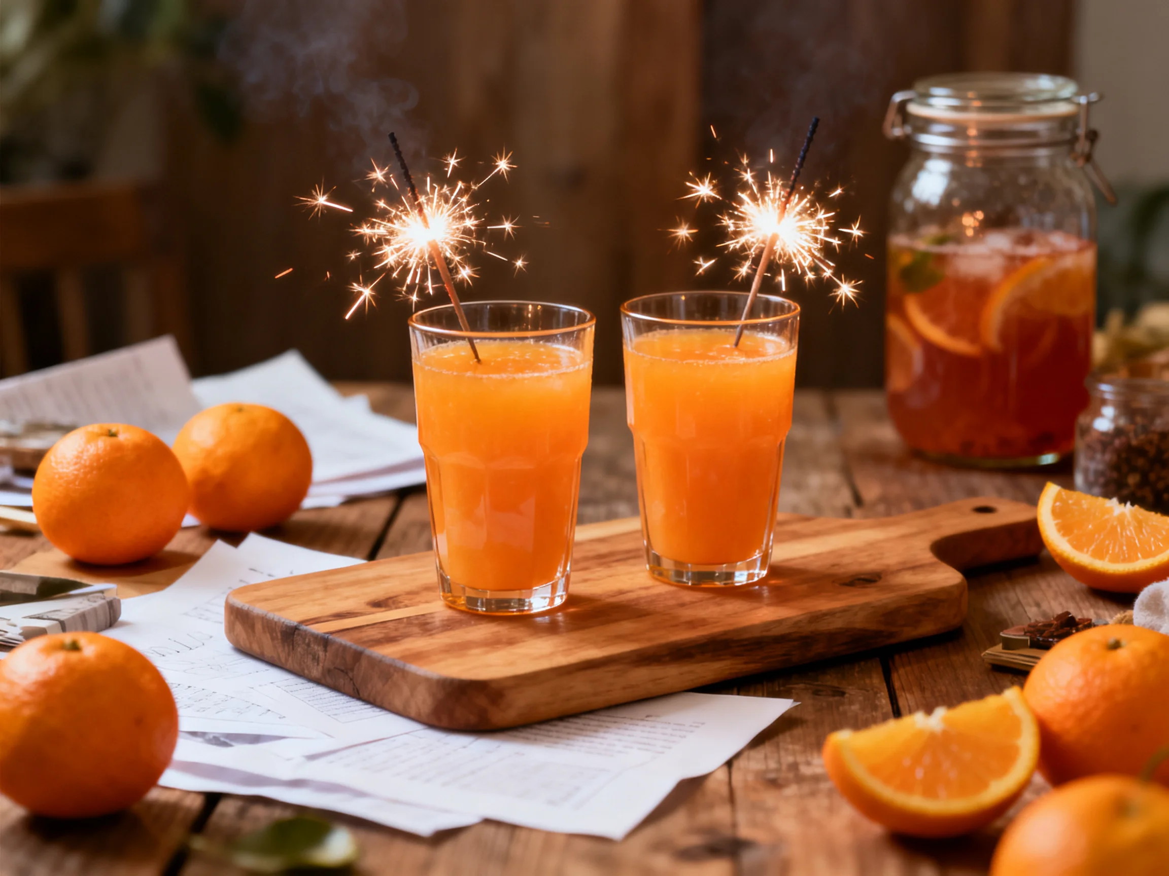 Two glasses of vibrant orange juice with sparklers sit on a wooden cutting board near oranges