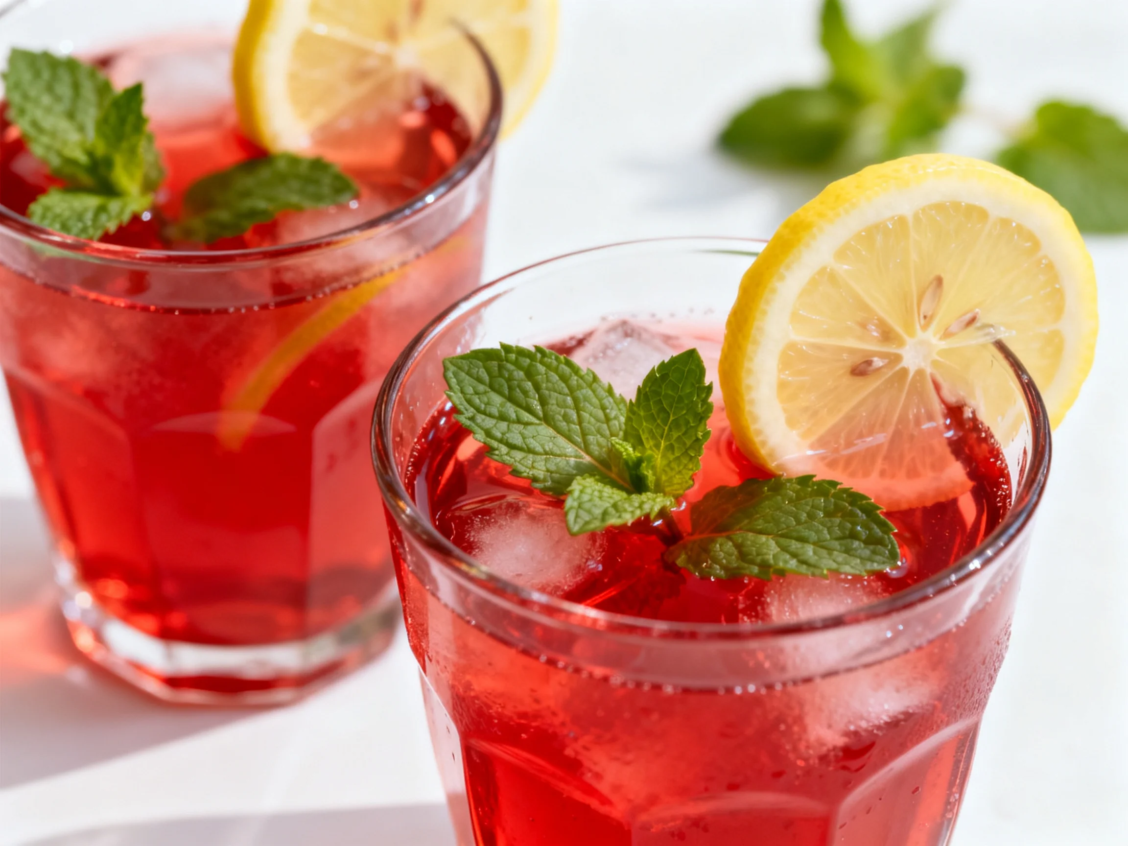 Two glasses of vibrant red beverage with lemon slices and mint
