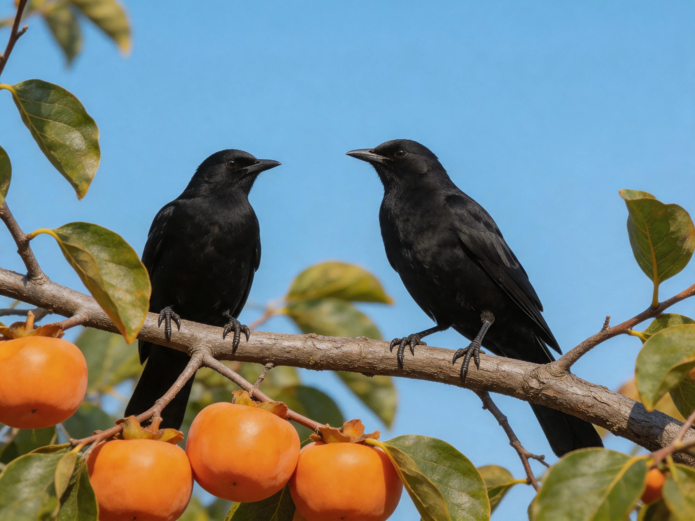 Two glossy black birds near vibrant orange persimmons on a tree branch