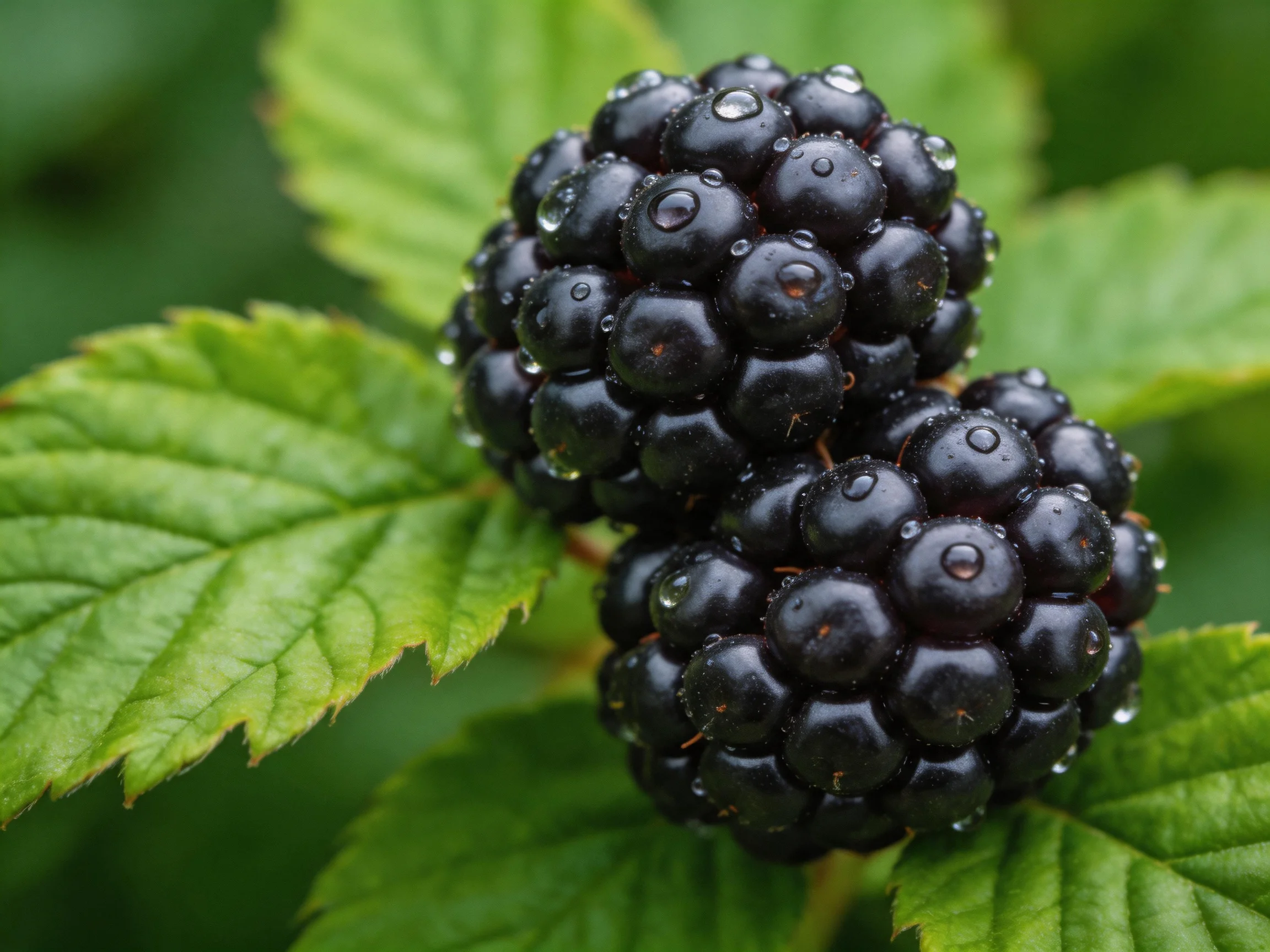 Two glossy blackberries with dewdrops on vibrant green leaves
