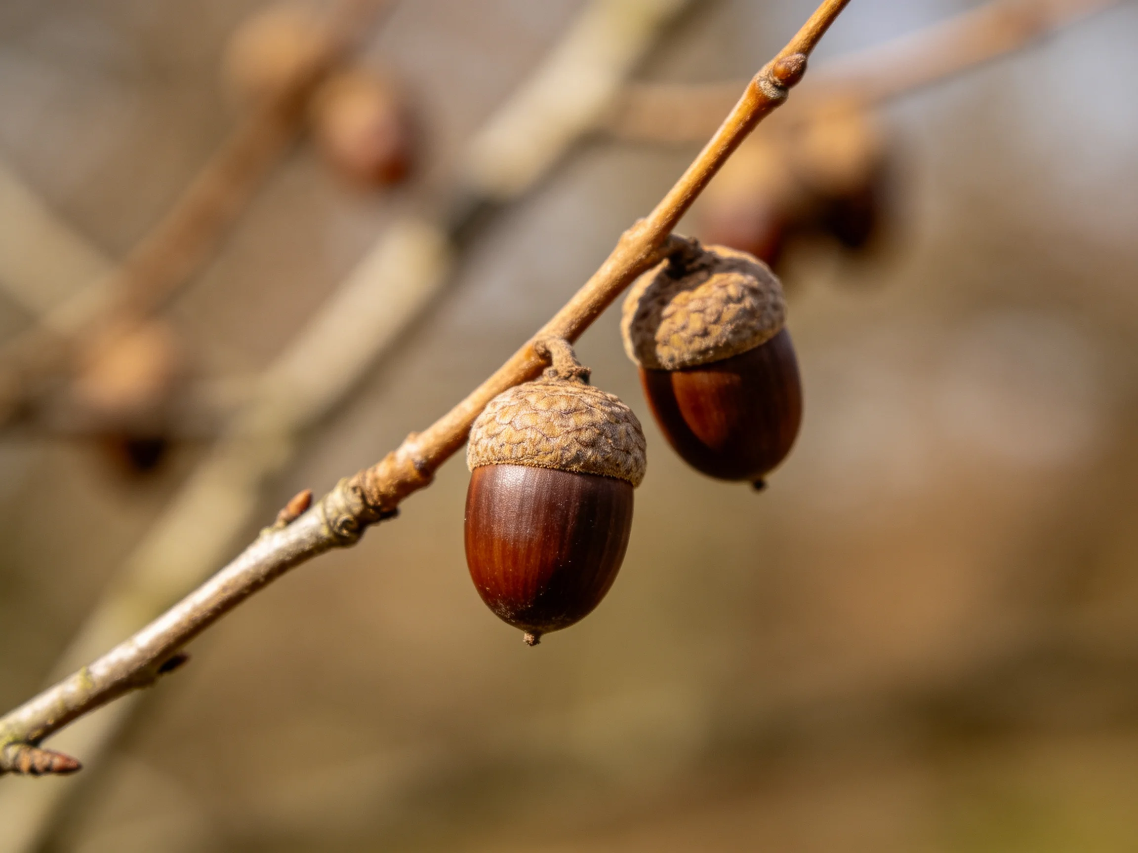 Two glossy brown acorns hang from a slender tree branch