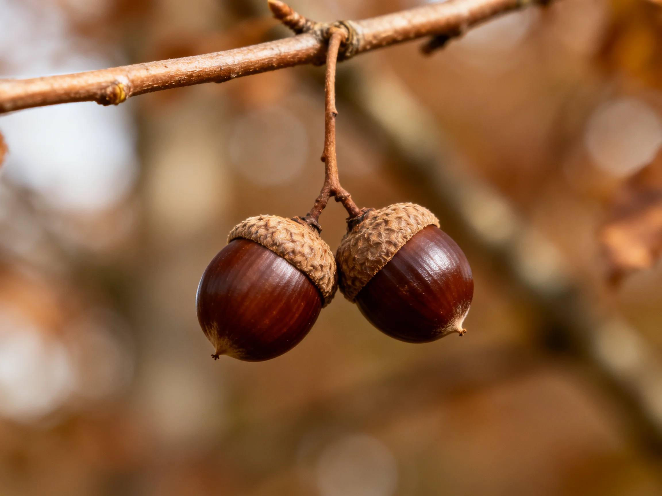 Two glossy brown acorns hang from a slender tree branch