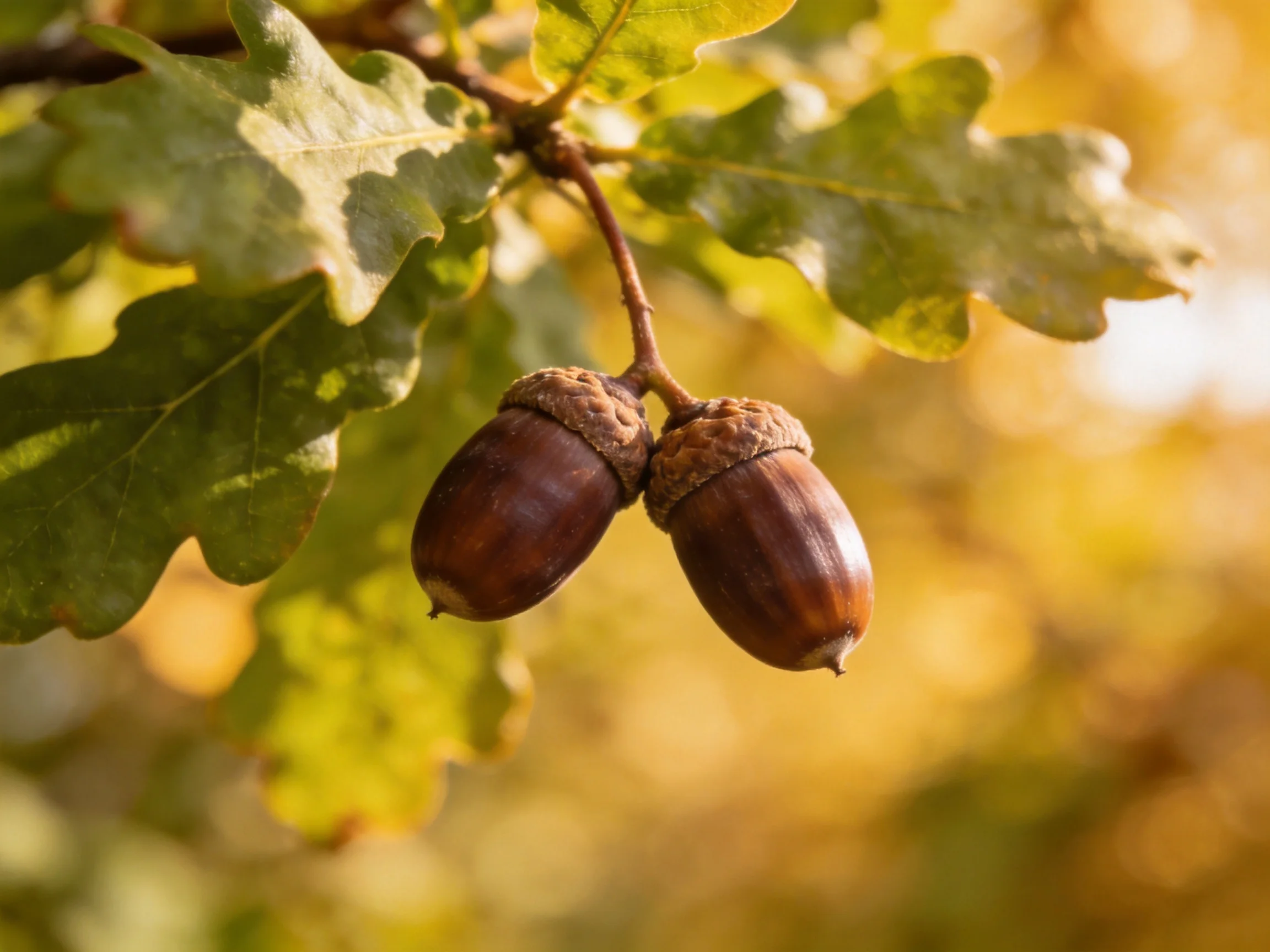 Two glossy brown acorns with textured caps hang from an oak branch amid green leaves