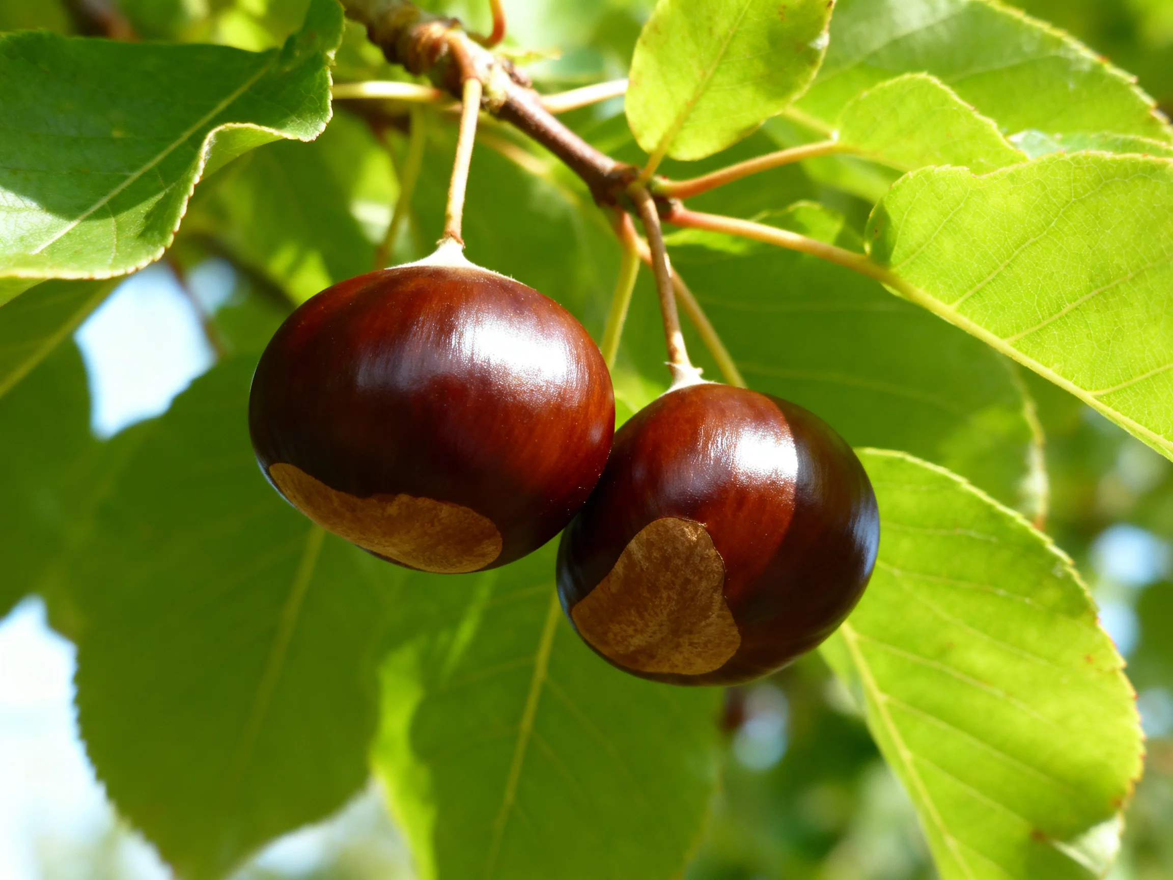 Two glossy brown chestnuts hang from a branch amid vibrant green leaves