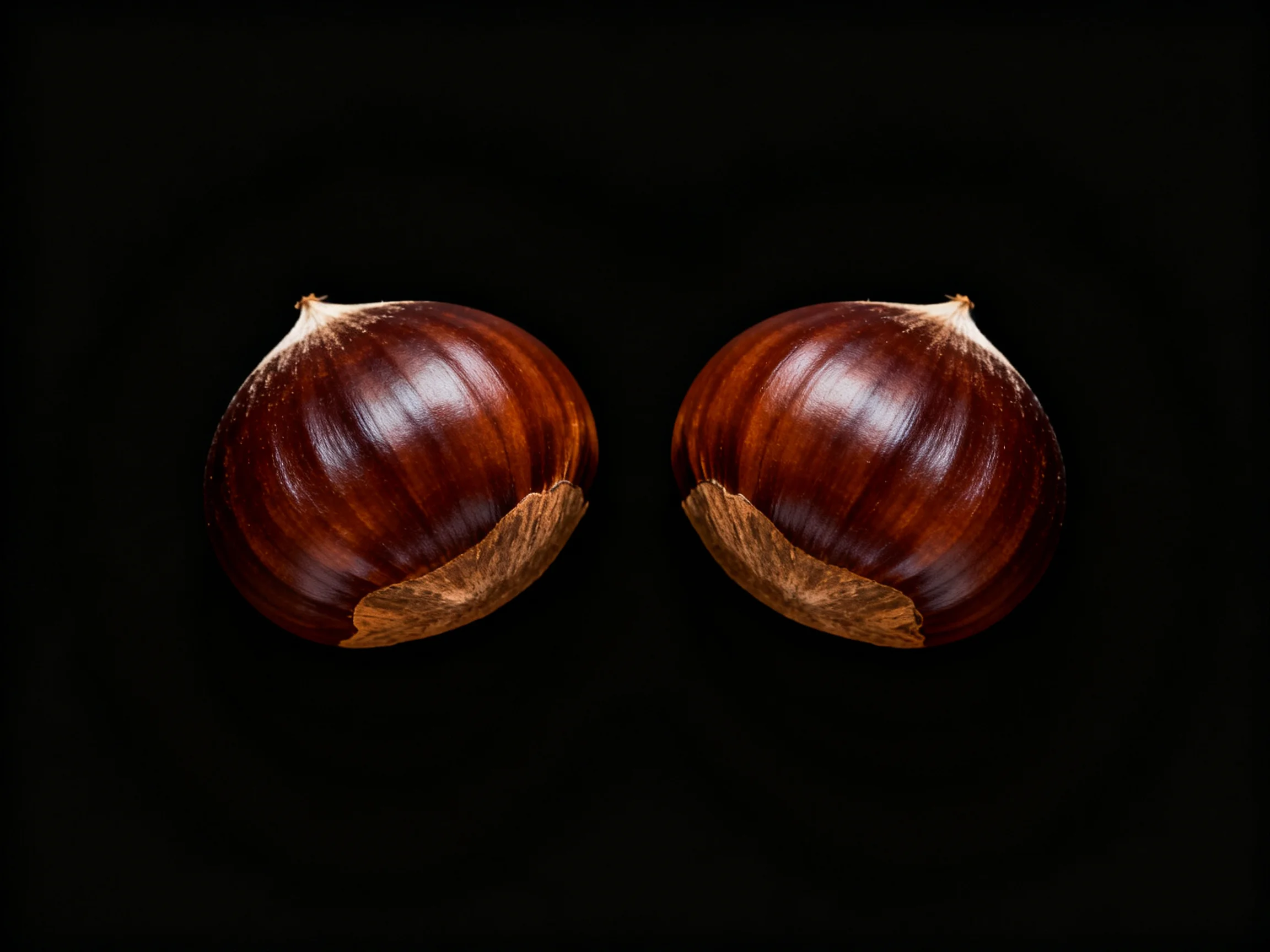 Two glossy brown chestnuts positioned side by side on a black backdrop