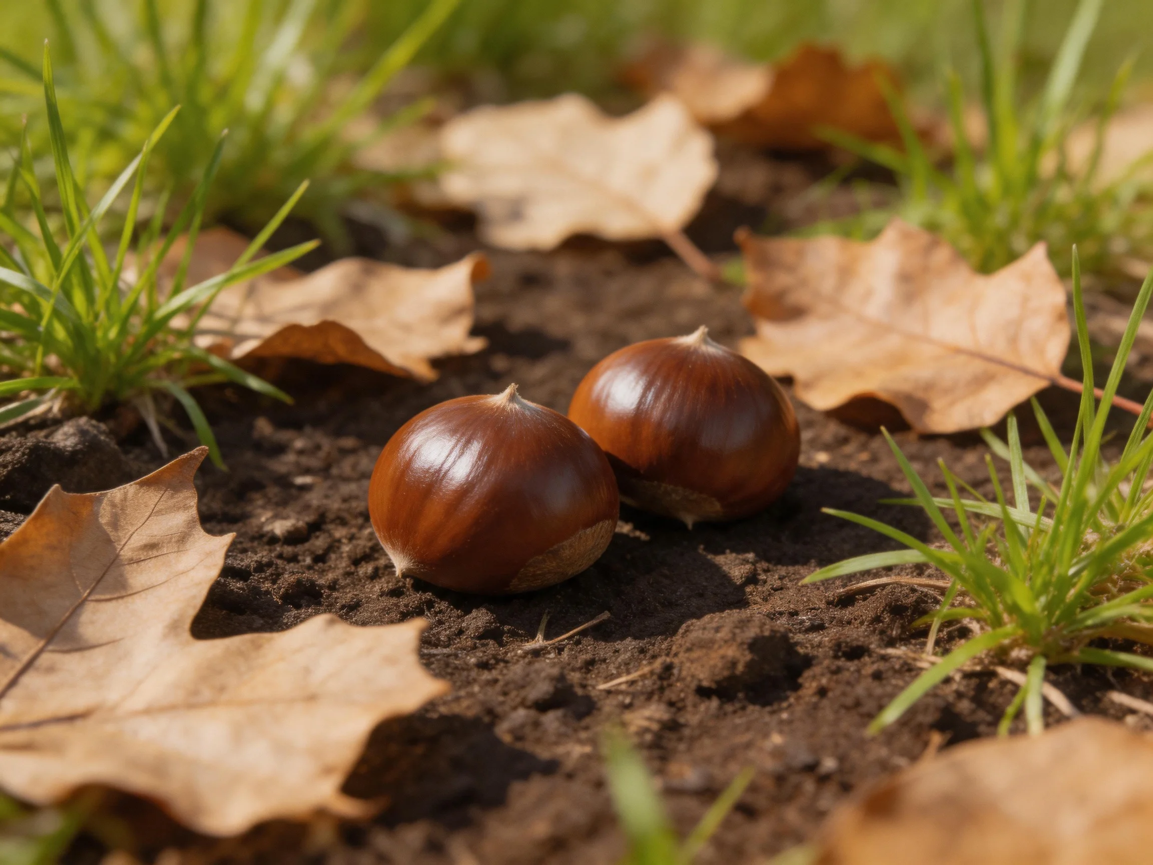 Two glossy brown chestnuts rest among dry autumn leaves and green grass