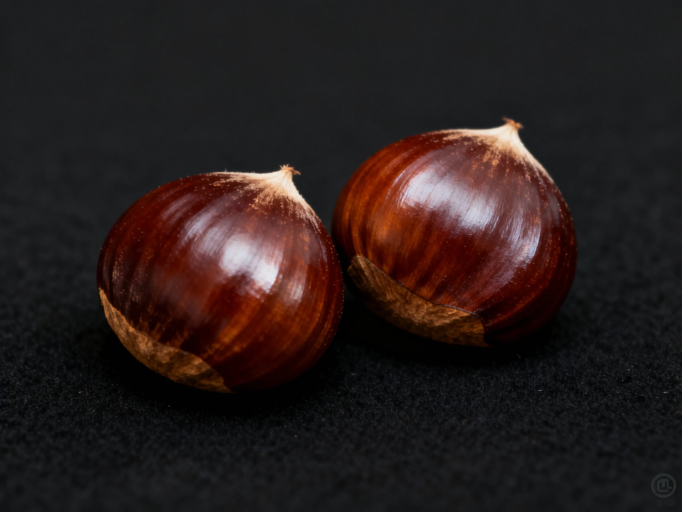 Two glossy brown chestnuts resting on a black textured surface