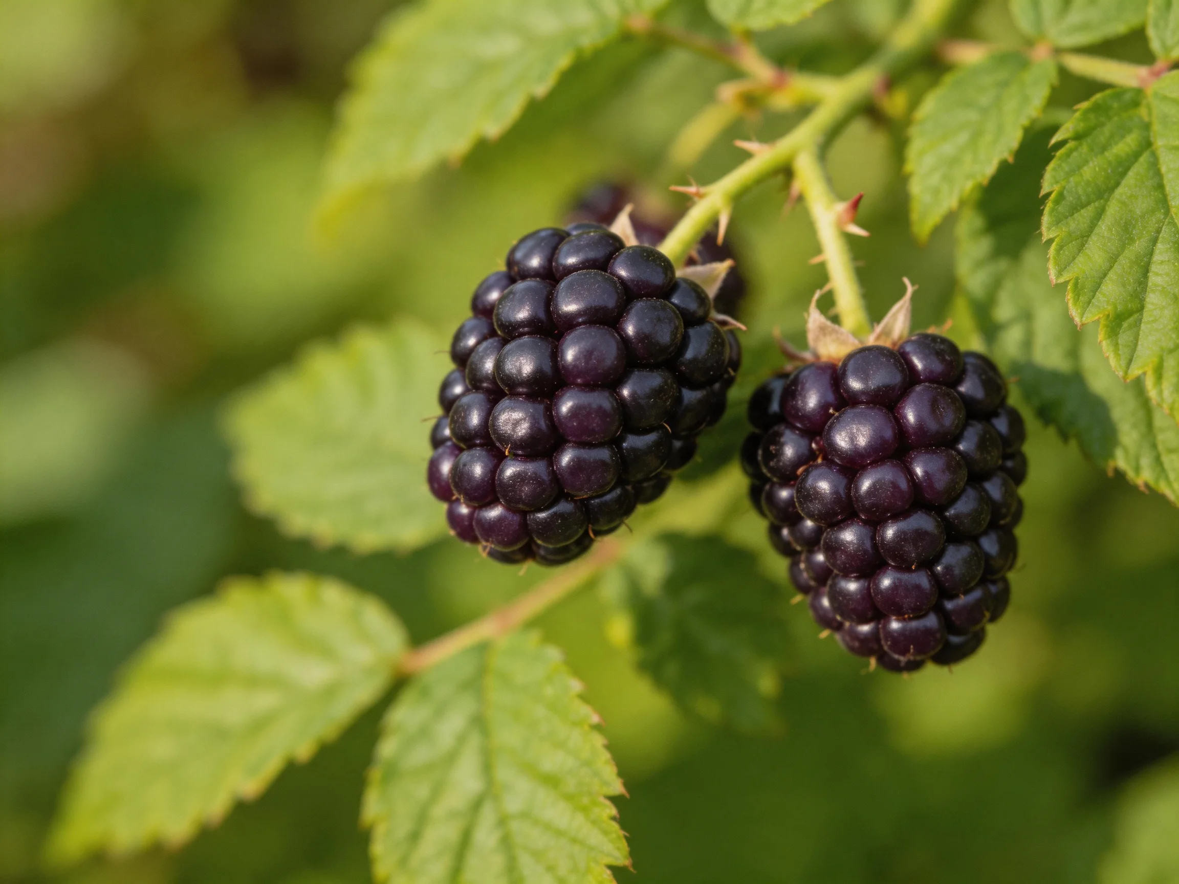 Two glossy dark purple blackberries hang from a leafy branch