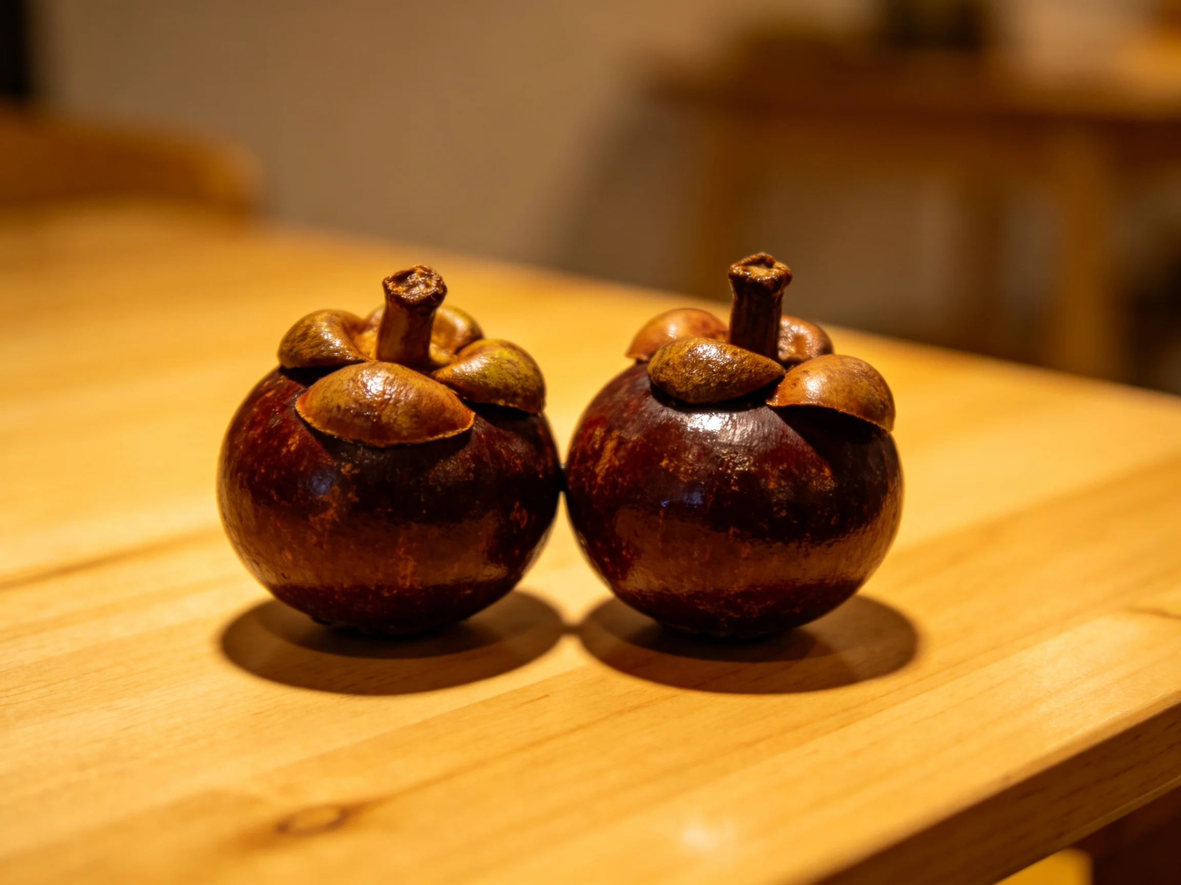 Two glossy dark purple mangosteens rest on a light wooden surface