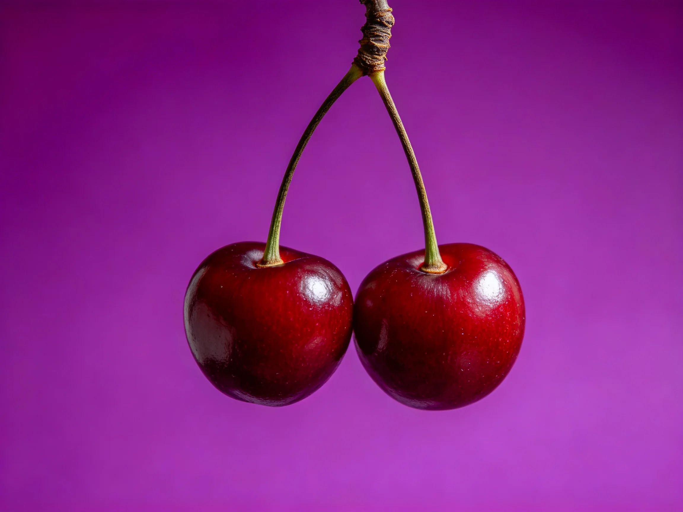Two glossy dark red cherries connected by a stem with a rich purple backdrop