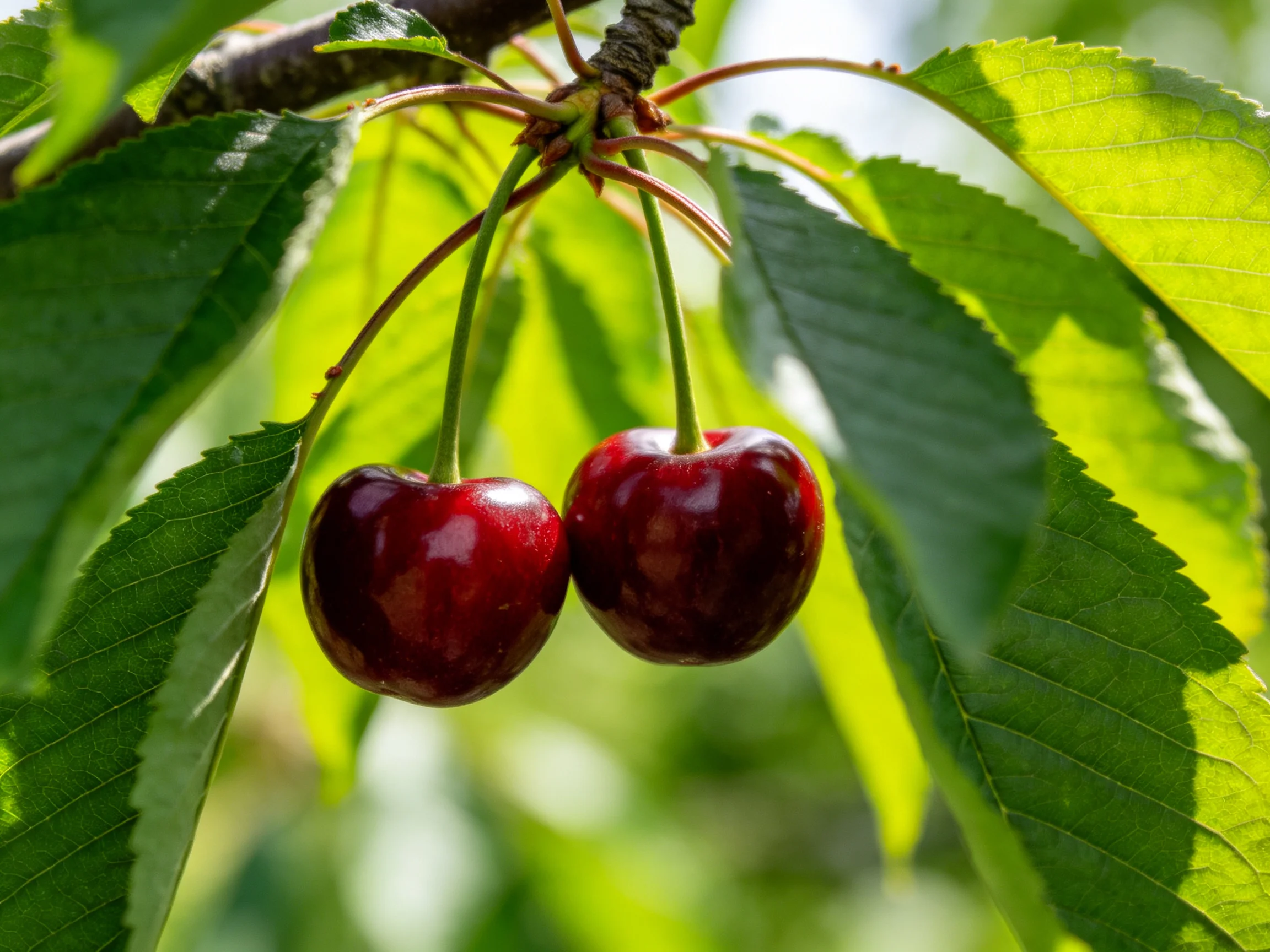 Two glossy dark red cherries hang from a branch amid bright green leaves
