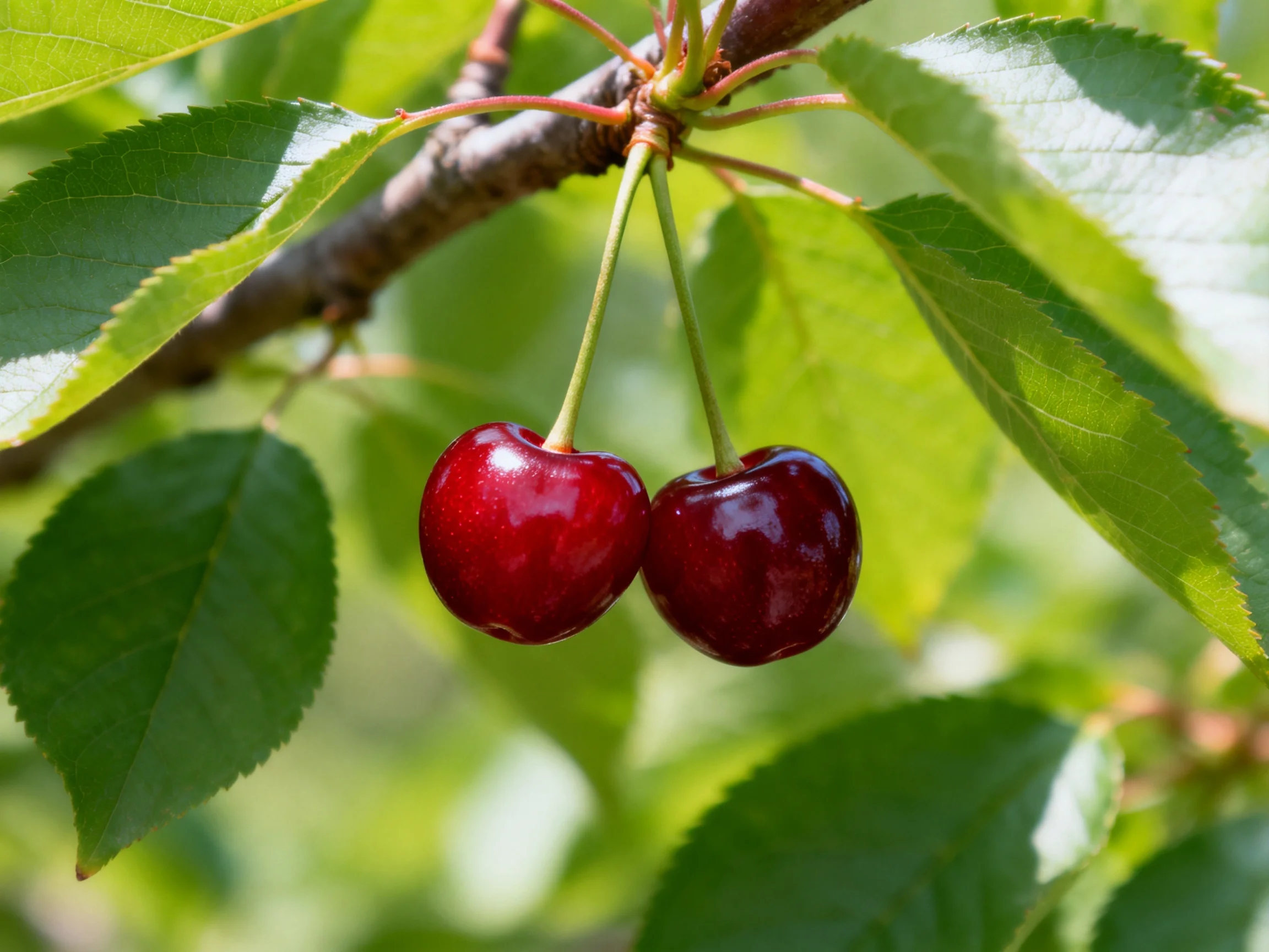 Two glossy dark red cherries hang from a tree branch amid vibrant green leaves
