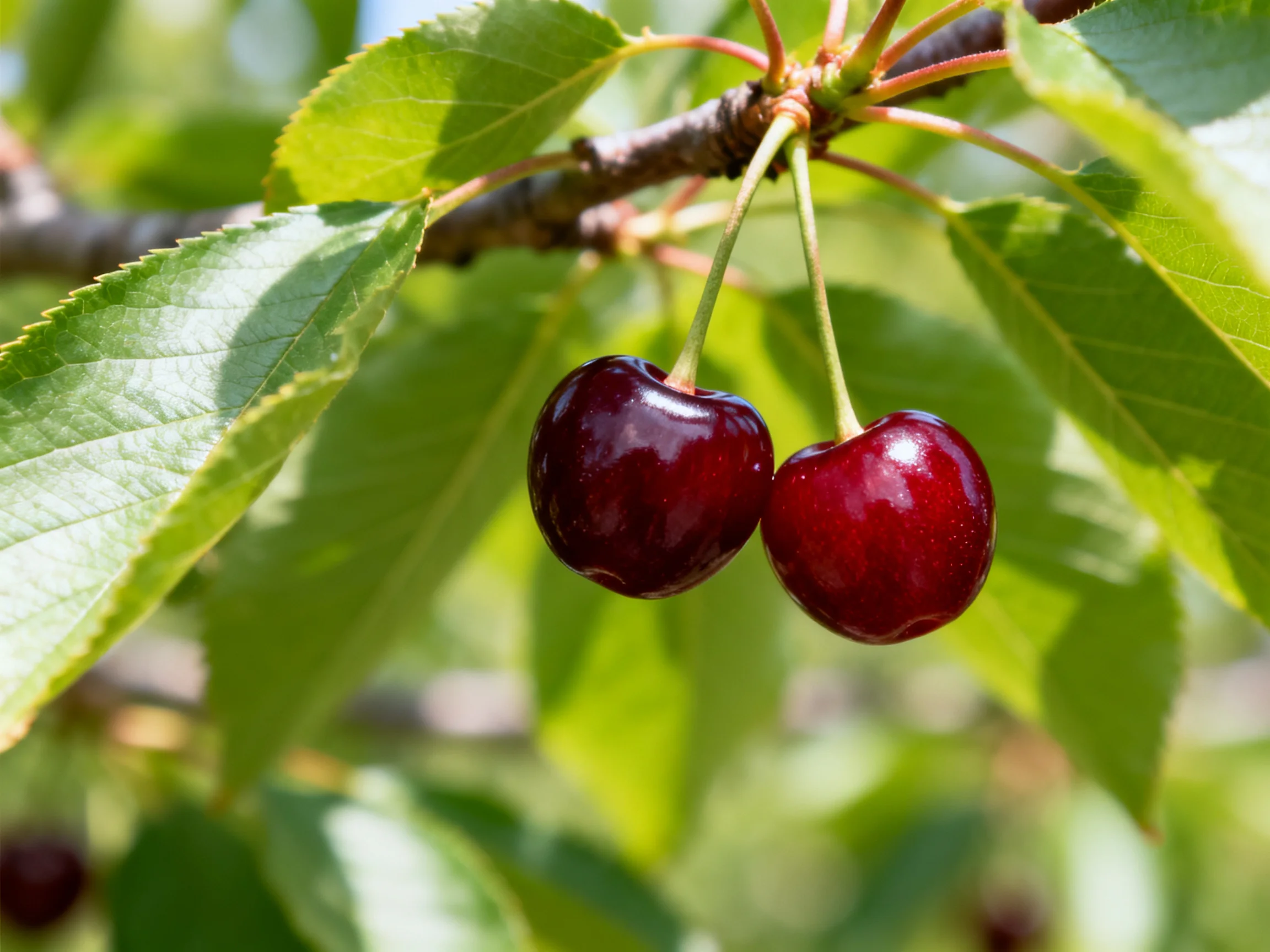 Two glossy dark red cherries hang from a tree branch amid vibrant green leaves