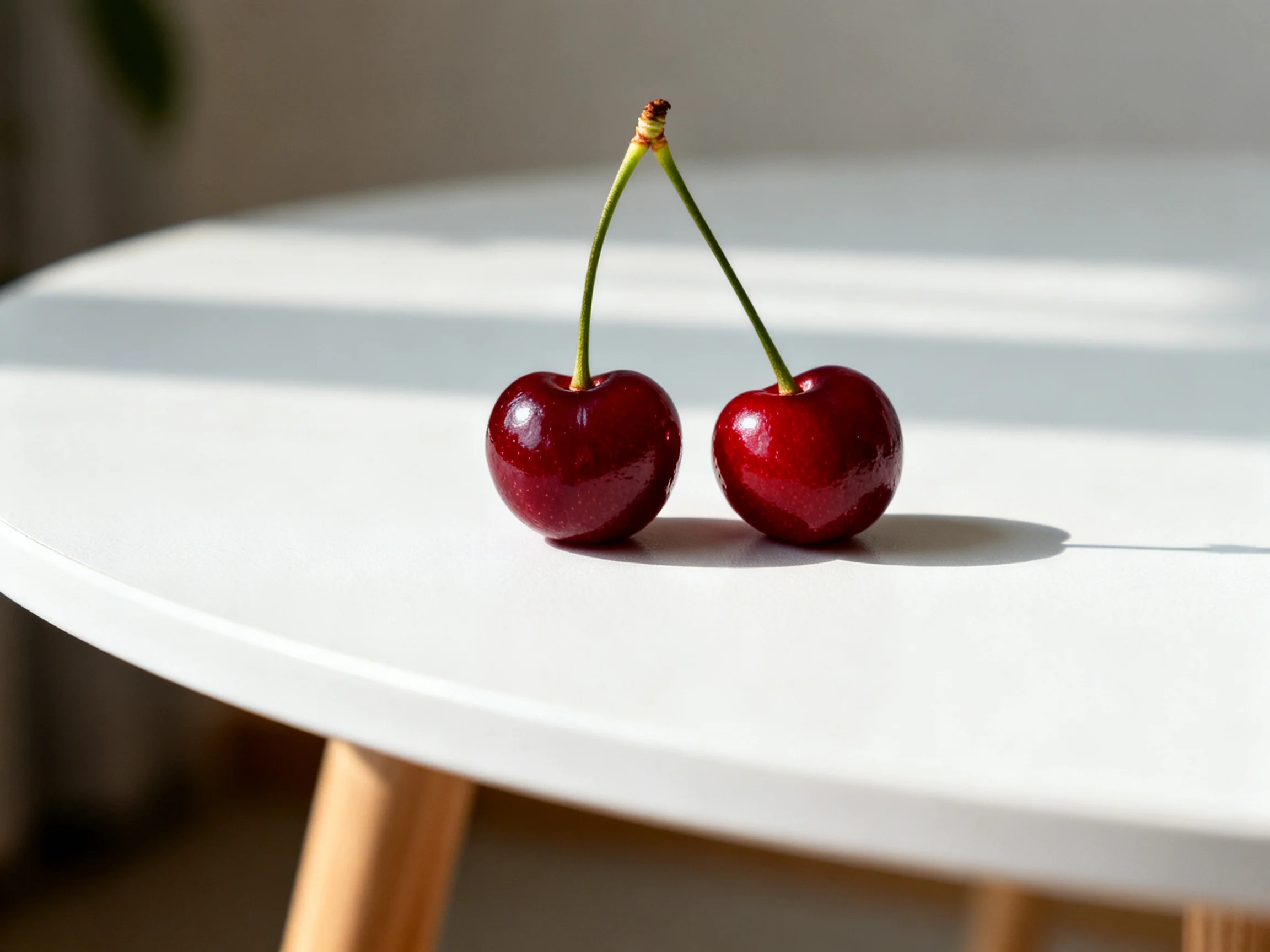 Two glossy dark red cherries rest on a sleek white round table