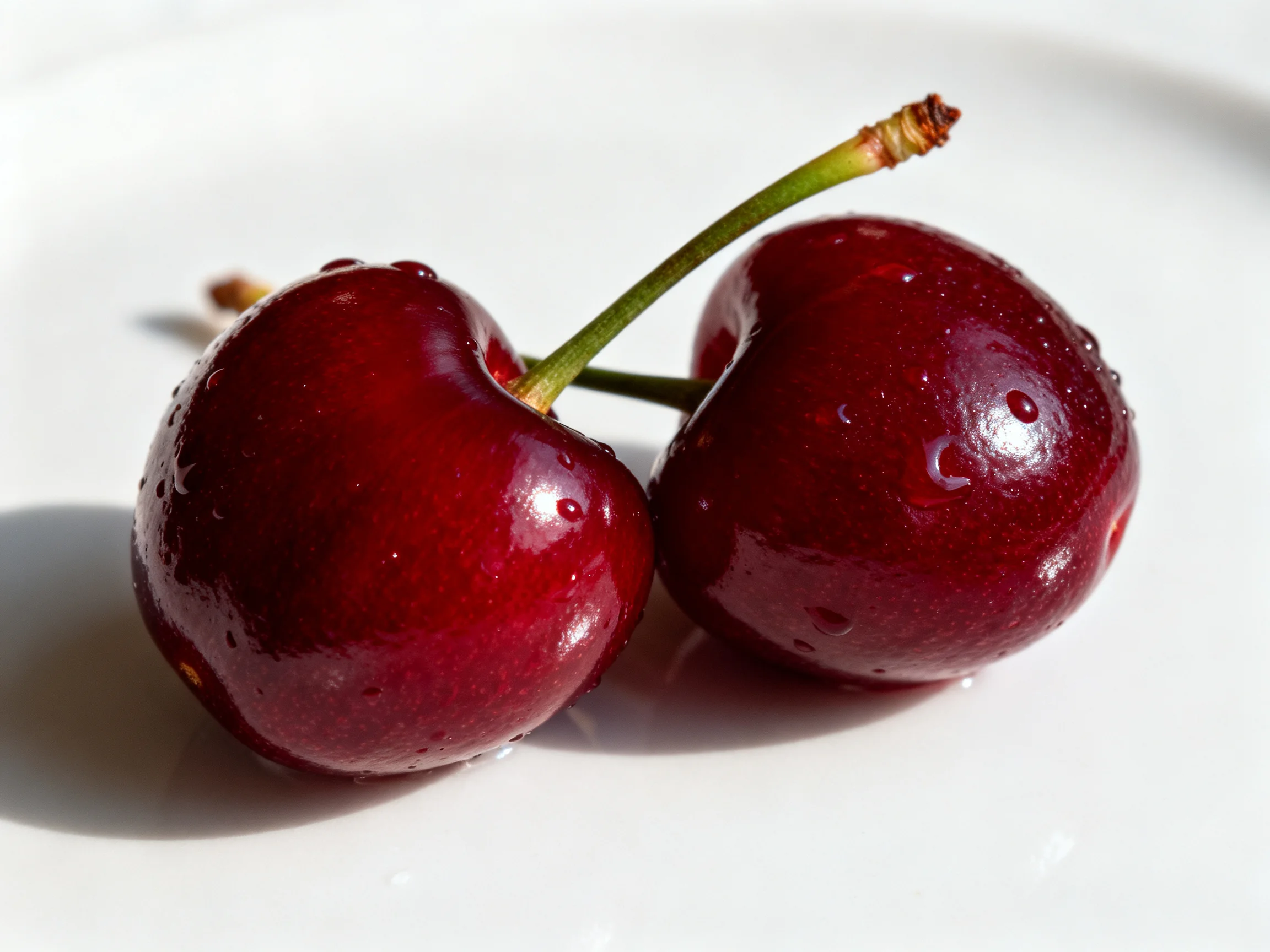 Two glossy dark red cherries with water droplets on a white plate