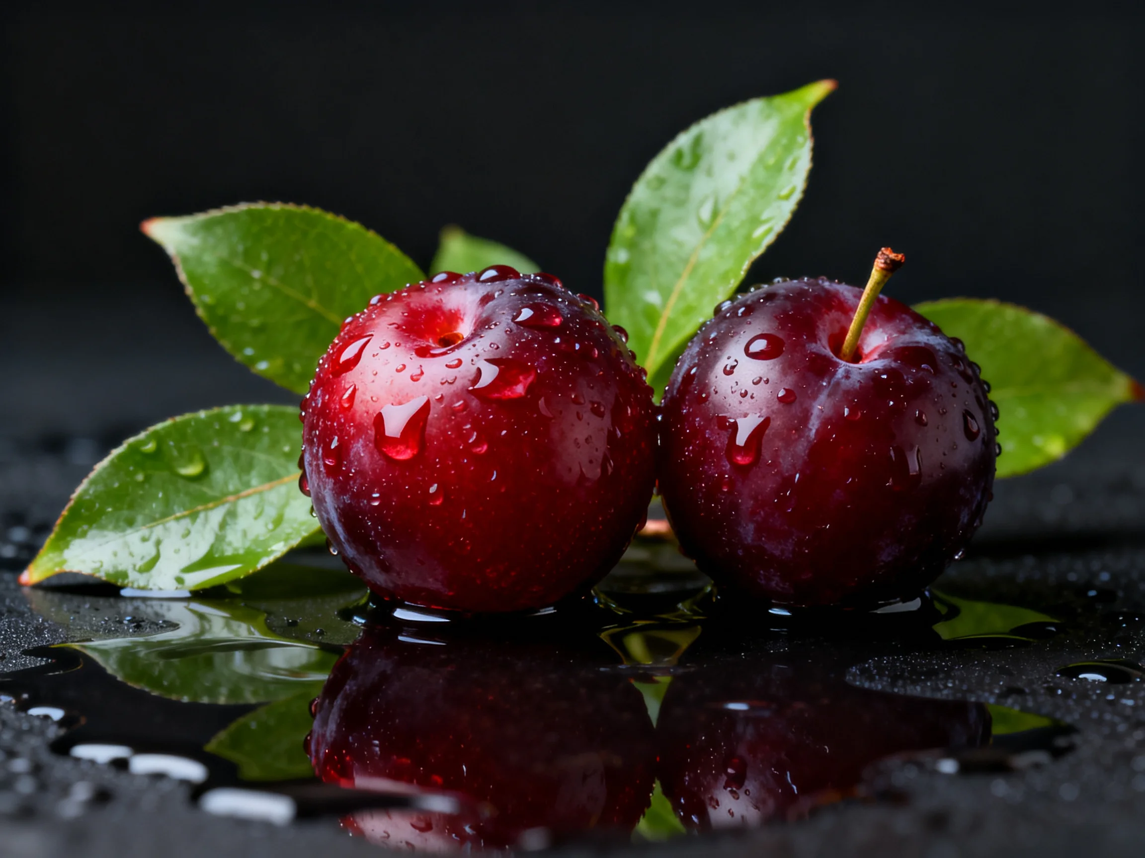 Two glossy dark red plums with green leaves and water droplets