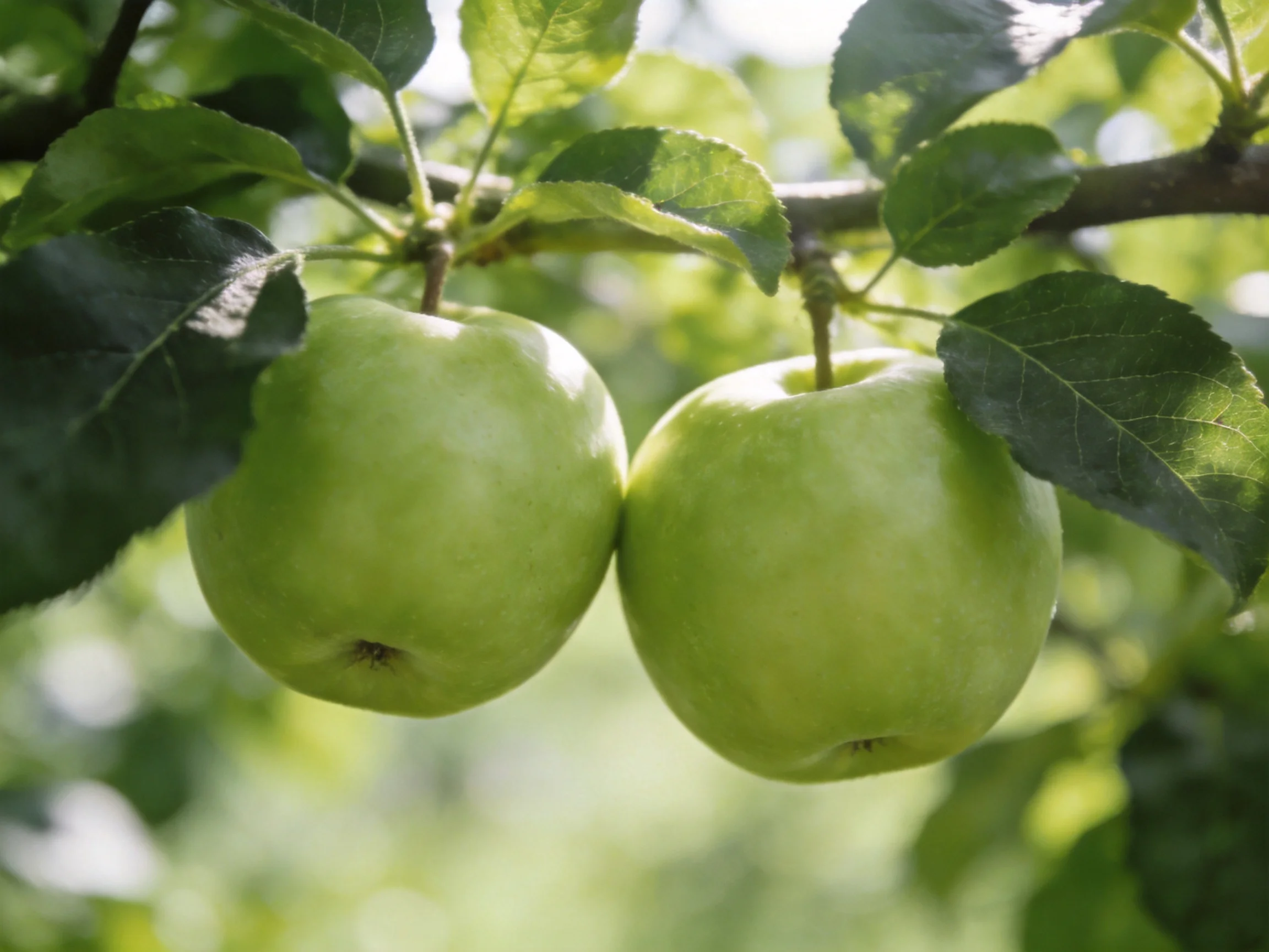 Two glossy green apples hang from a tree branch amid leafy surroundings.