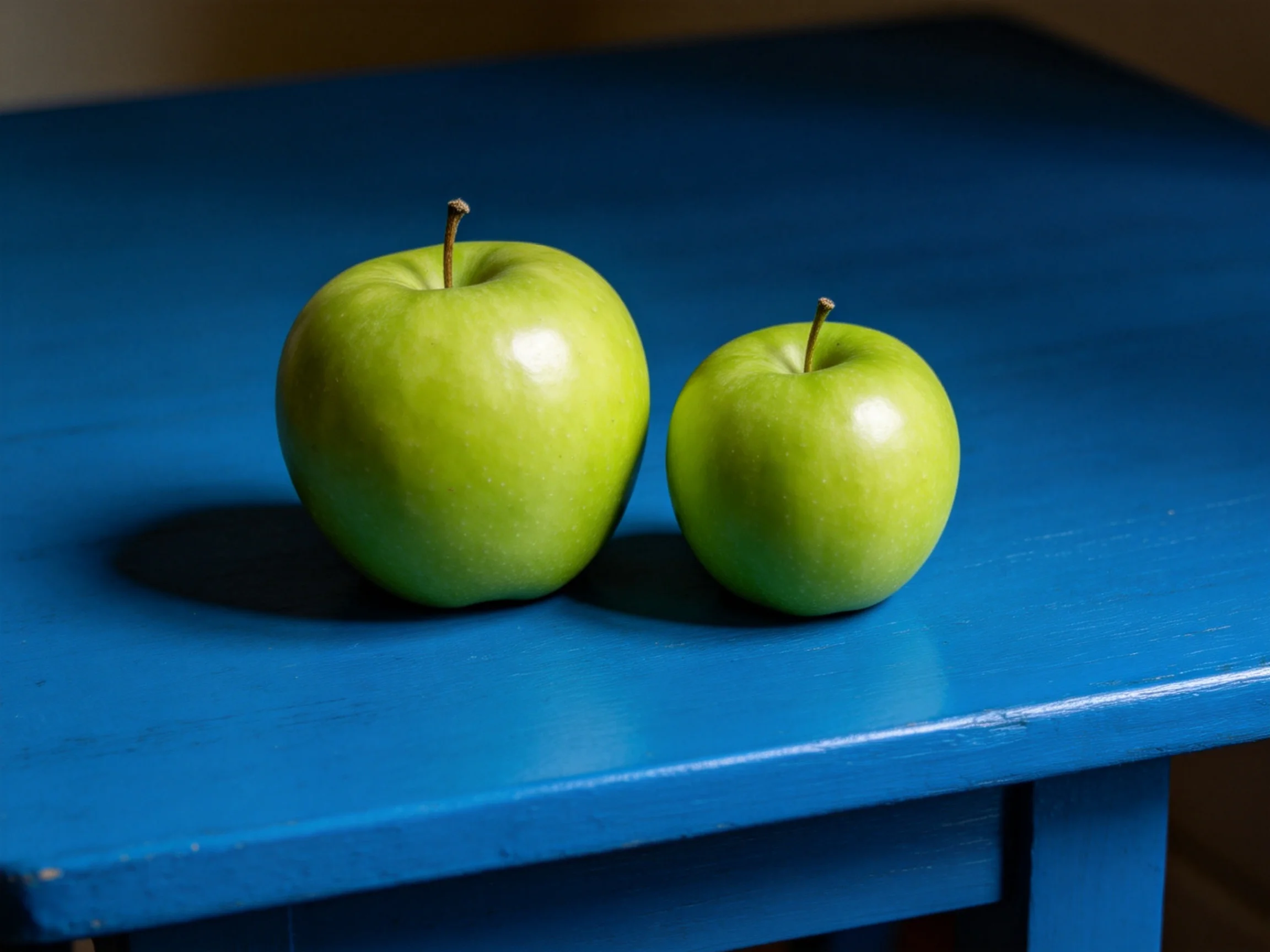 Two glossy green apples on a polished blue wooden table