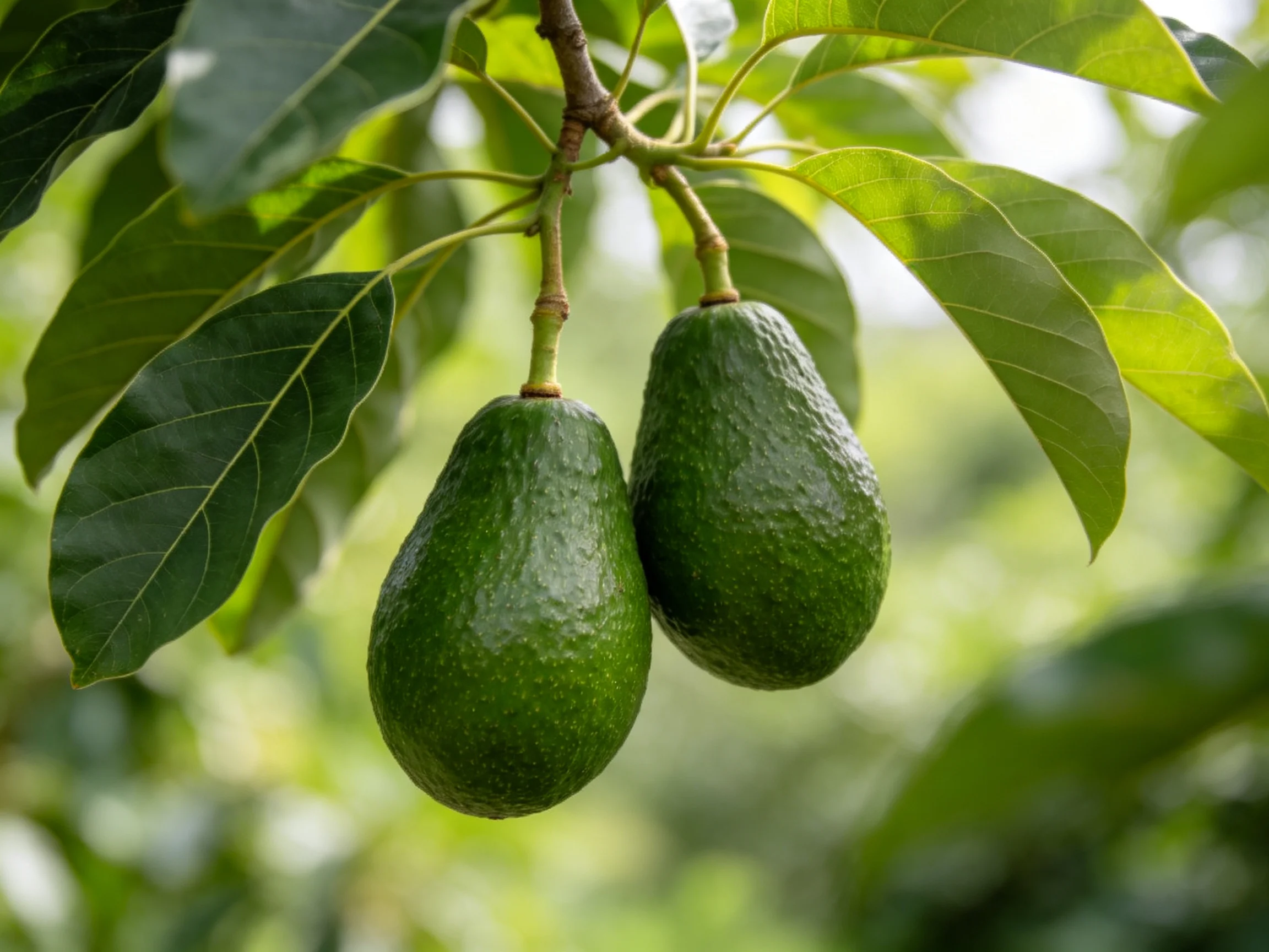 Two glossy green avocados hang amid large leafy branches
