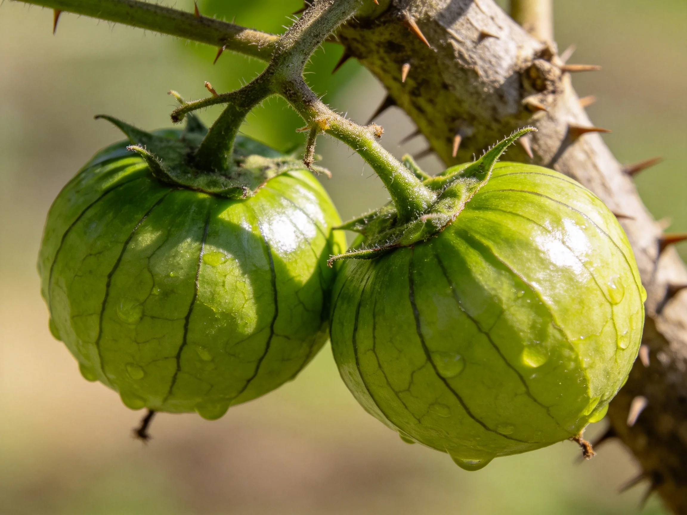 Two glossy green fruits with dark stripes hang from a spiky branch