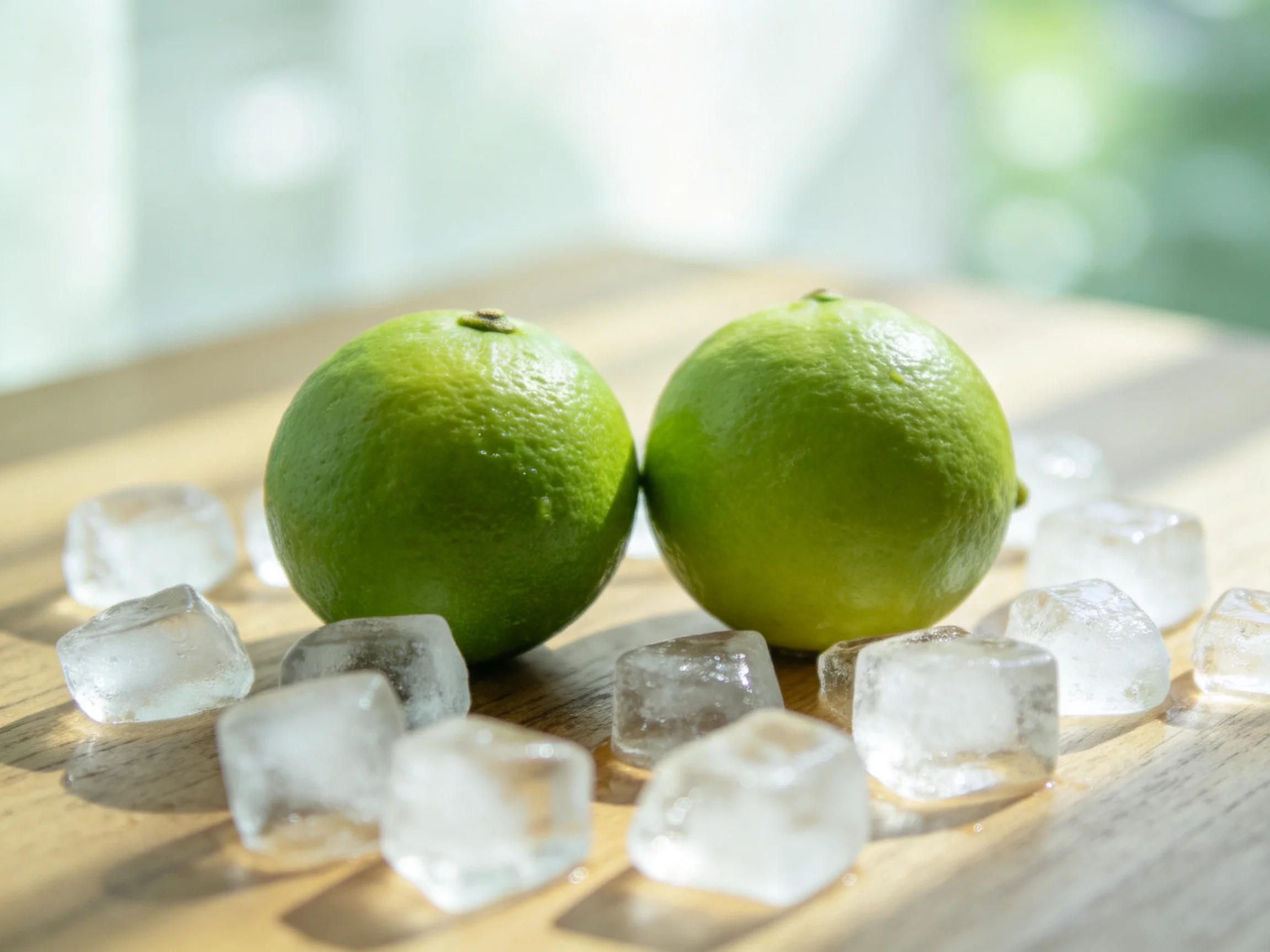 Two glossy green limes with clear ice cubes on a wooden surface