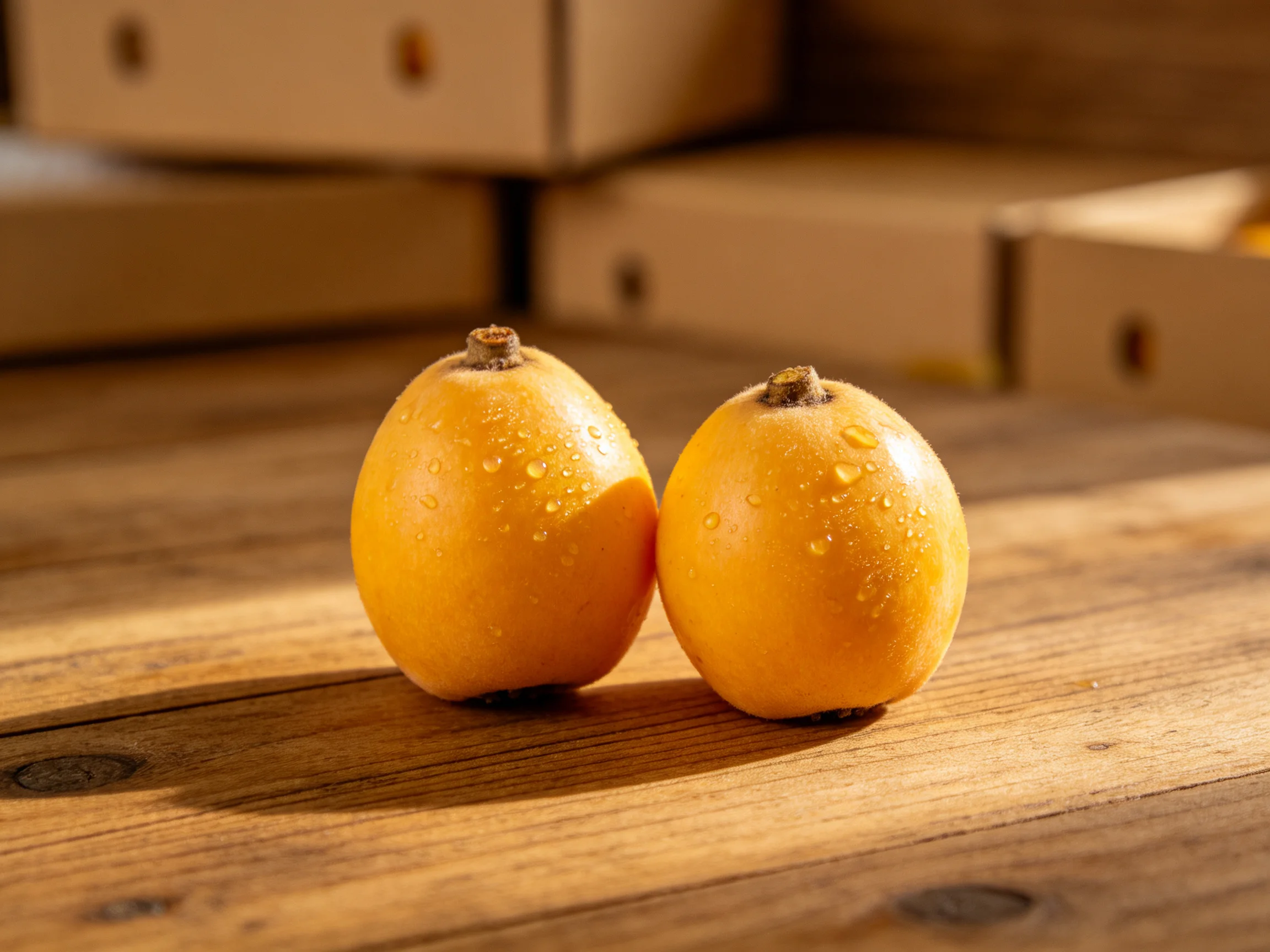 Two glossy orange loquats with water droplets rest on a wooden table near stacked boxes