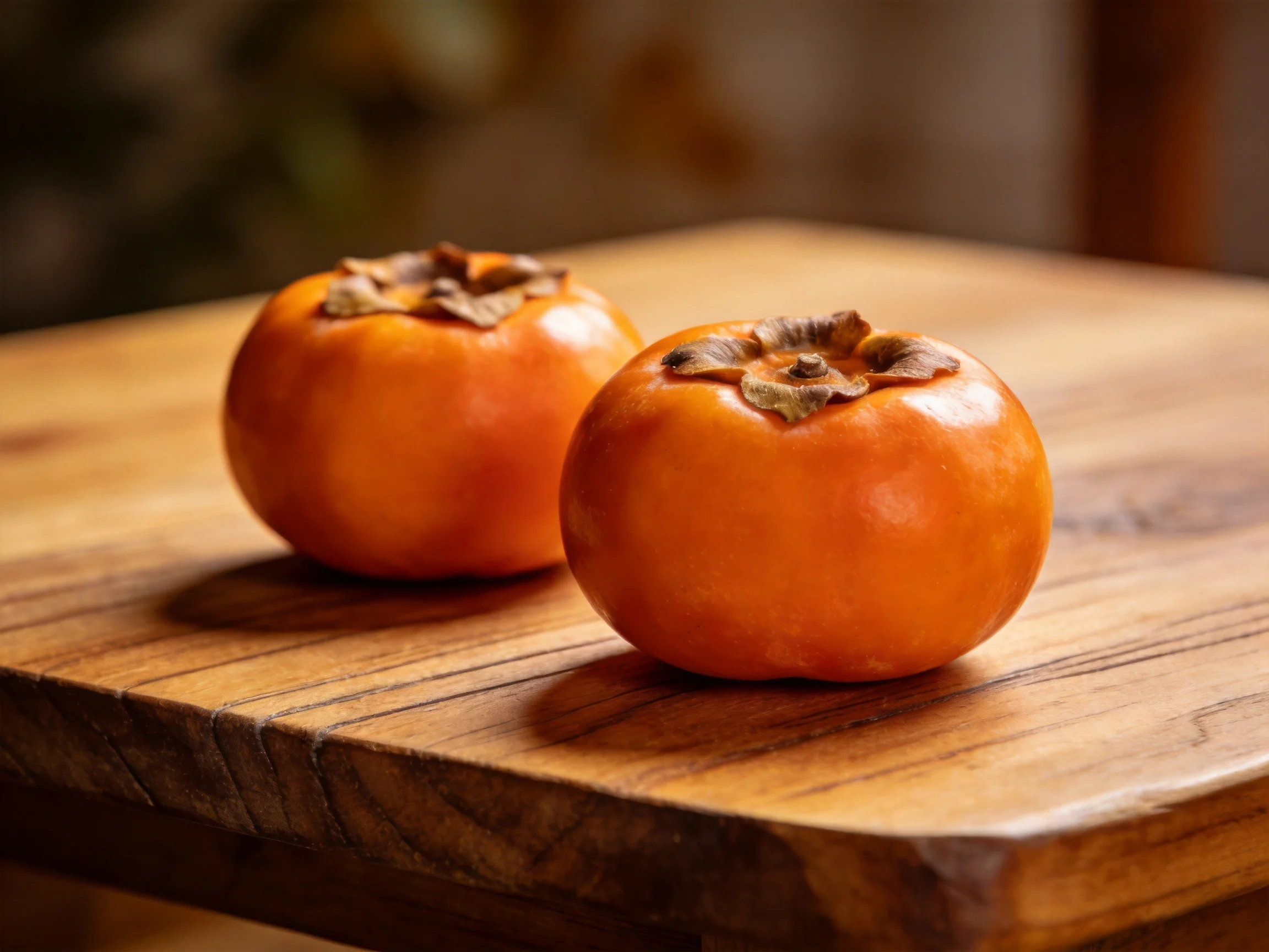 Two glossy orange persimmons rest on a polished wooden board