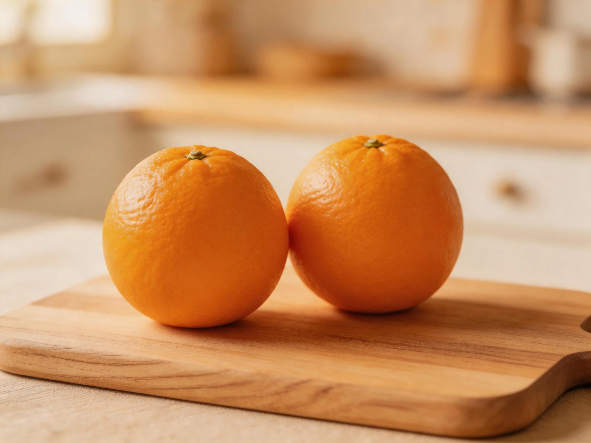 Two glossy oranges rest on a wooden cutting board in a softly lit kitchen.