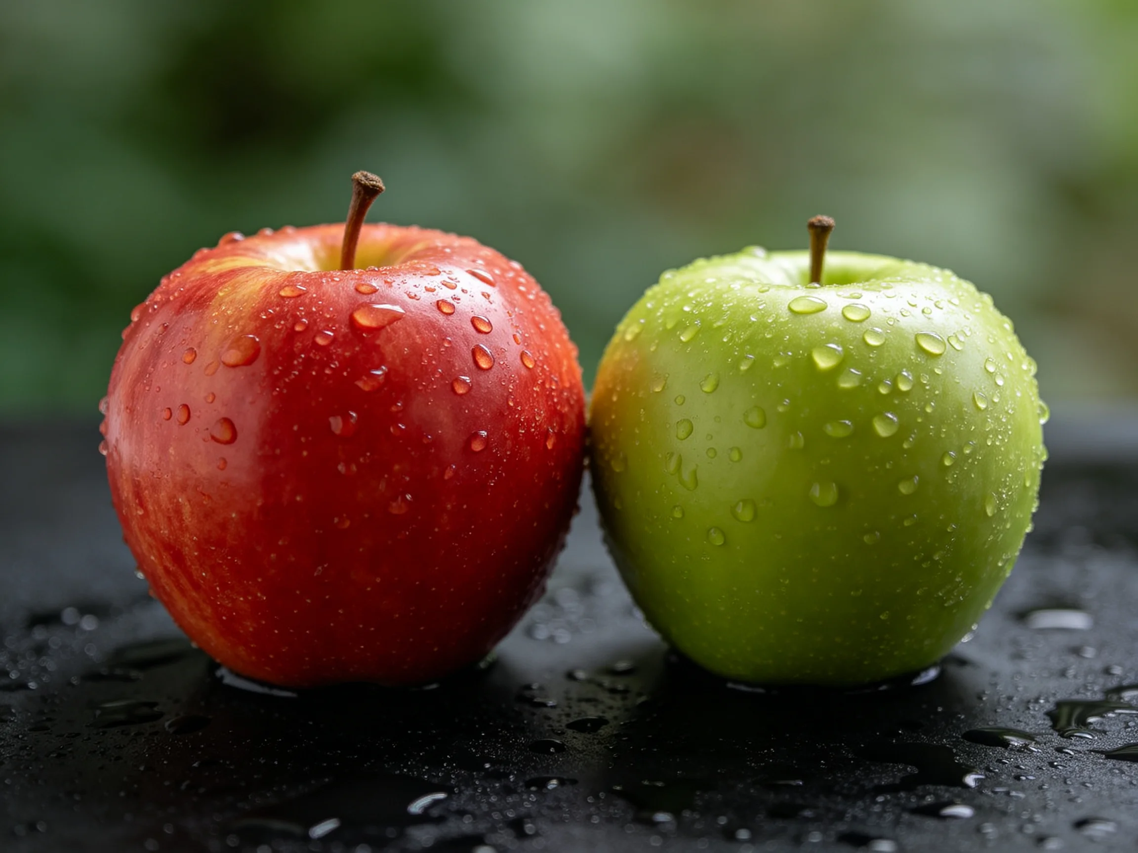 Two glossy red and green apples with water droplets