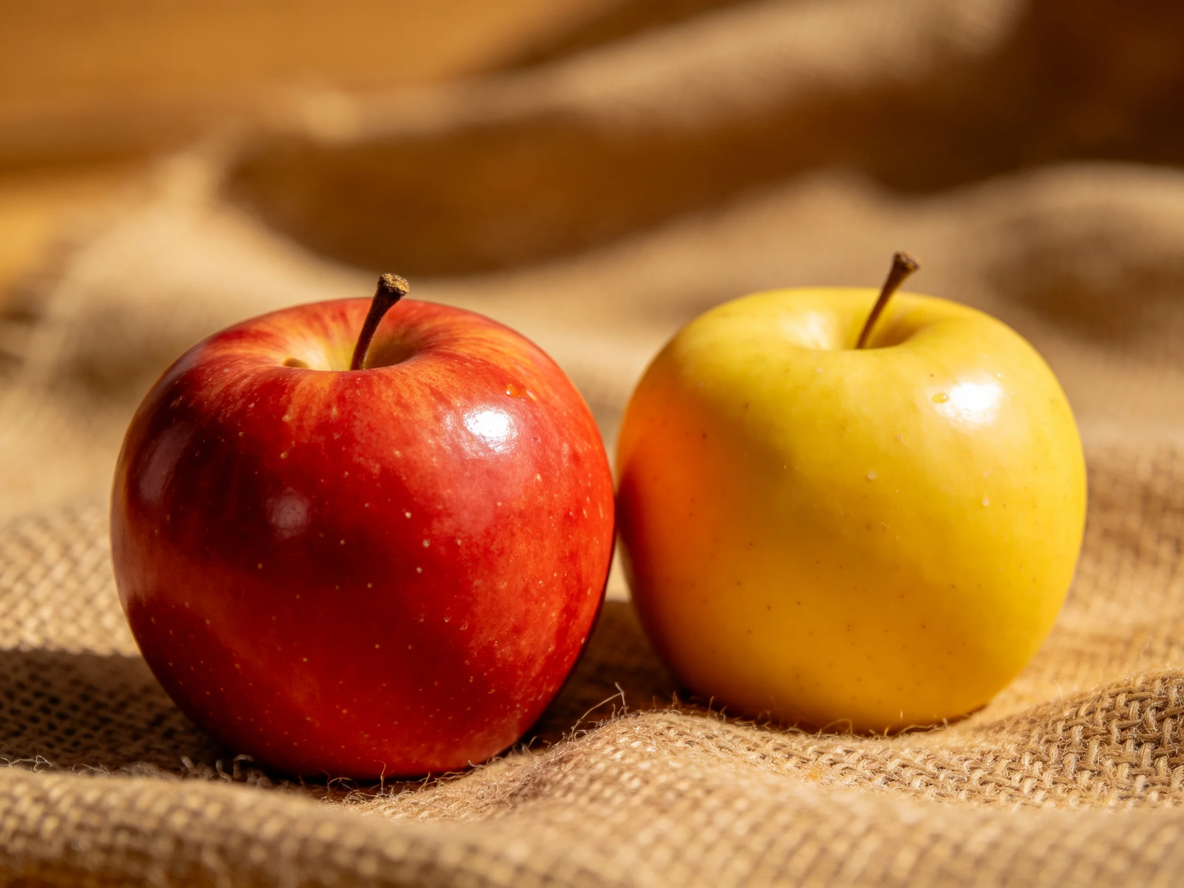Two glossy red and yellow apples rest on a textured burlap cloth