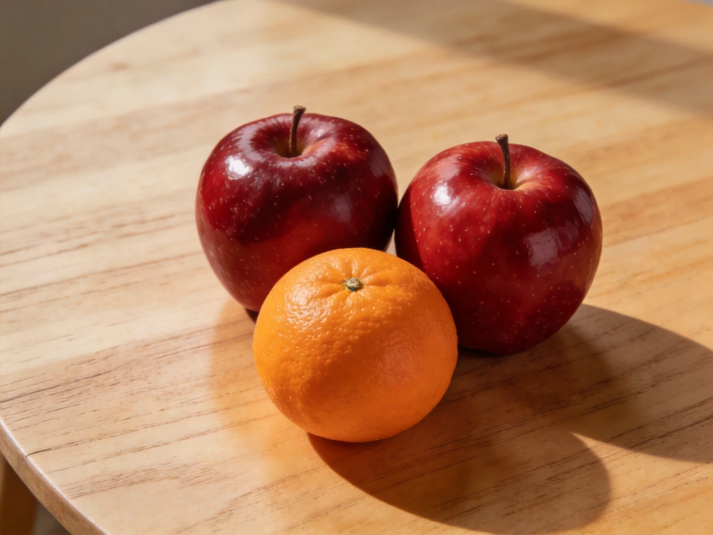 Two glossy red apples and a bright orange rest on a smooth wooden table
