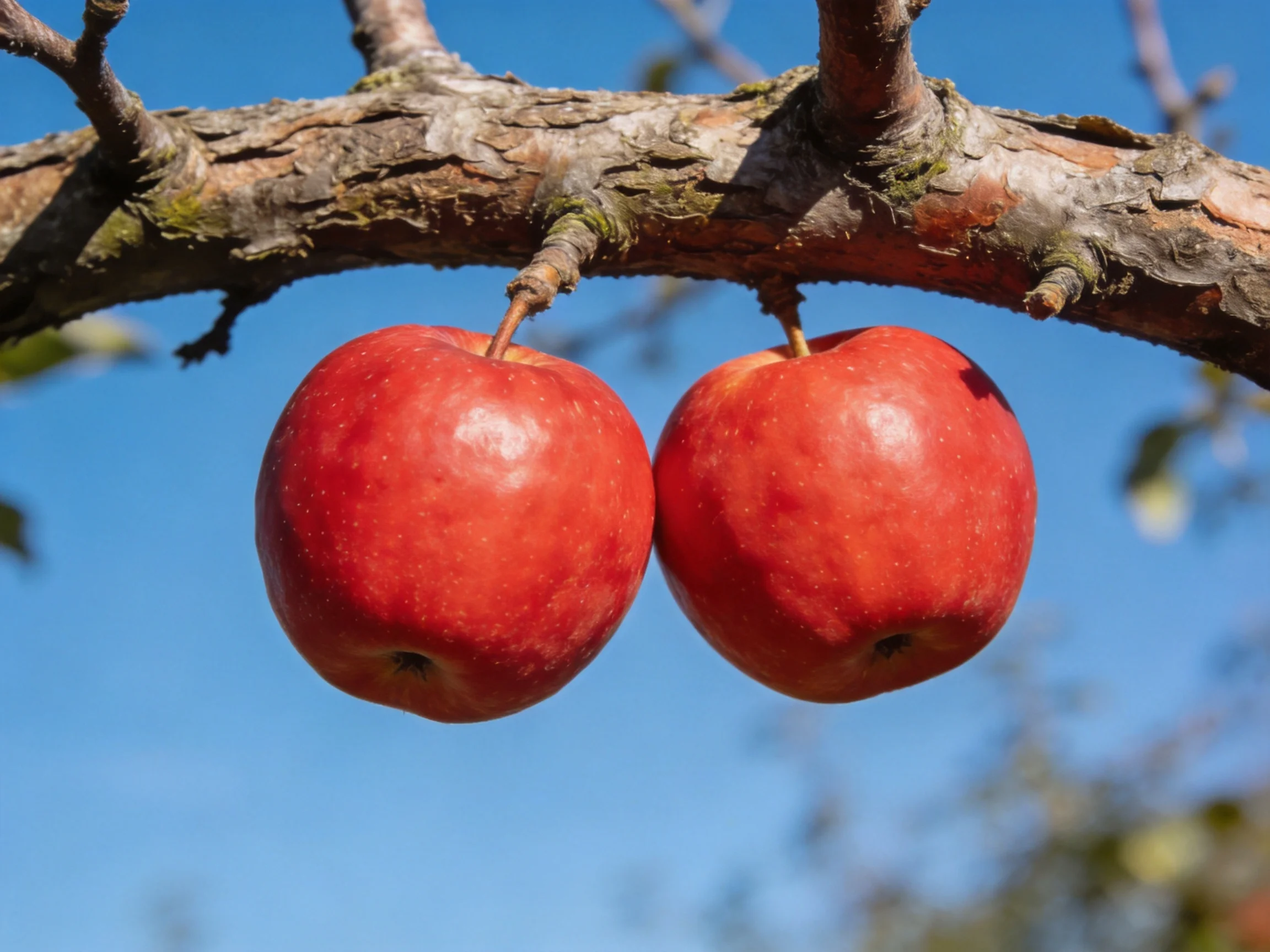 Two glossy red apples dangle from a textured tree branch