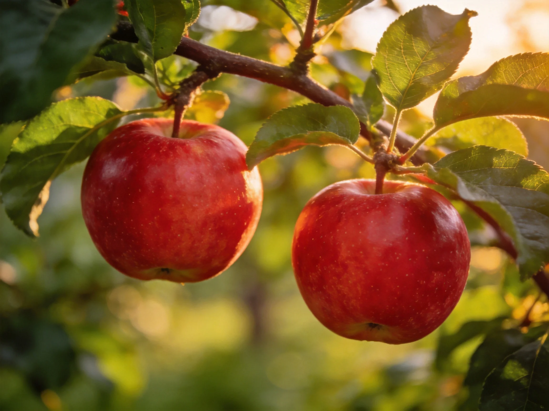 Two glossy red apples dangle from a tree branch amid green foliage