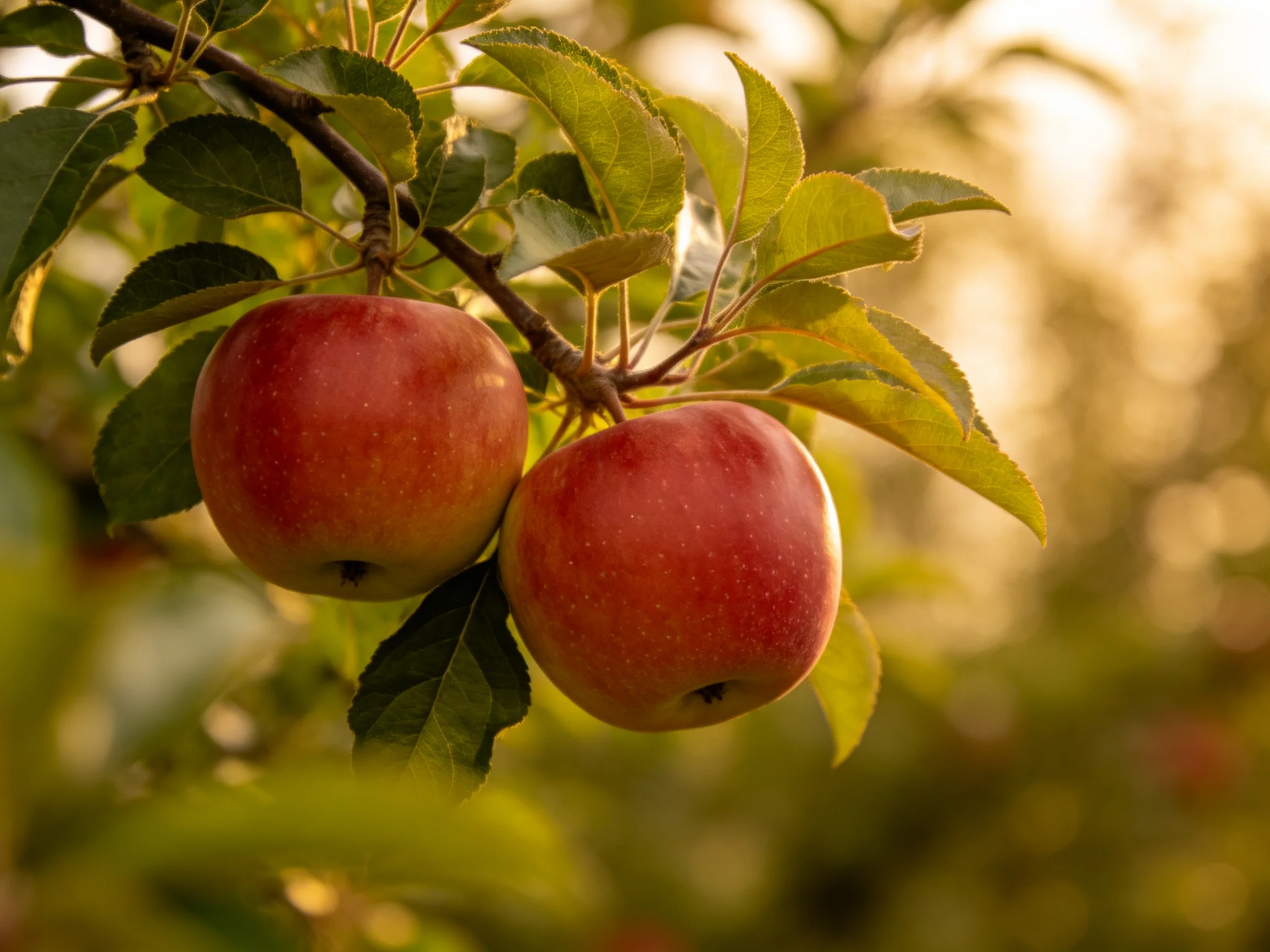 Two glossy red apples dangle from a tree branch amid green leaves