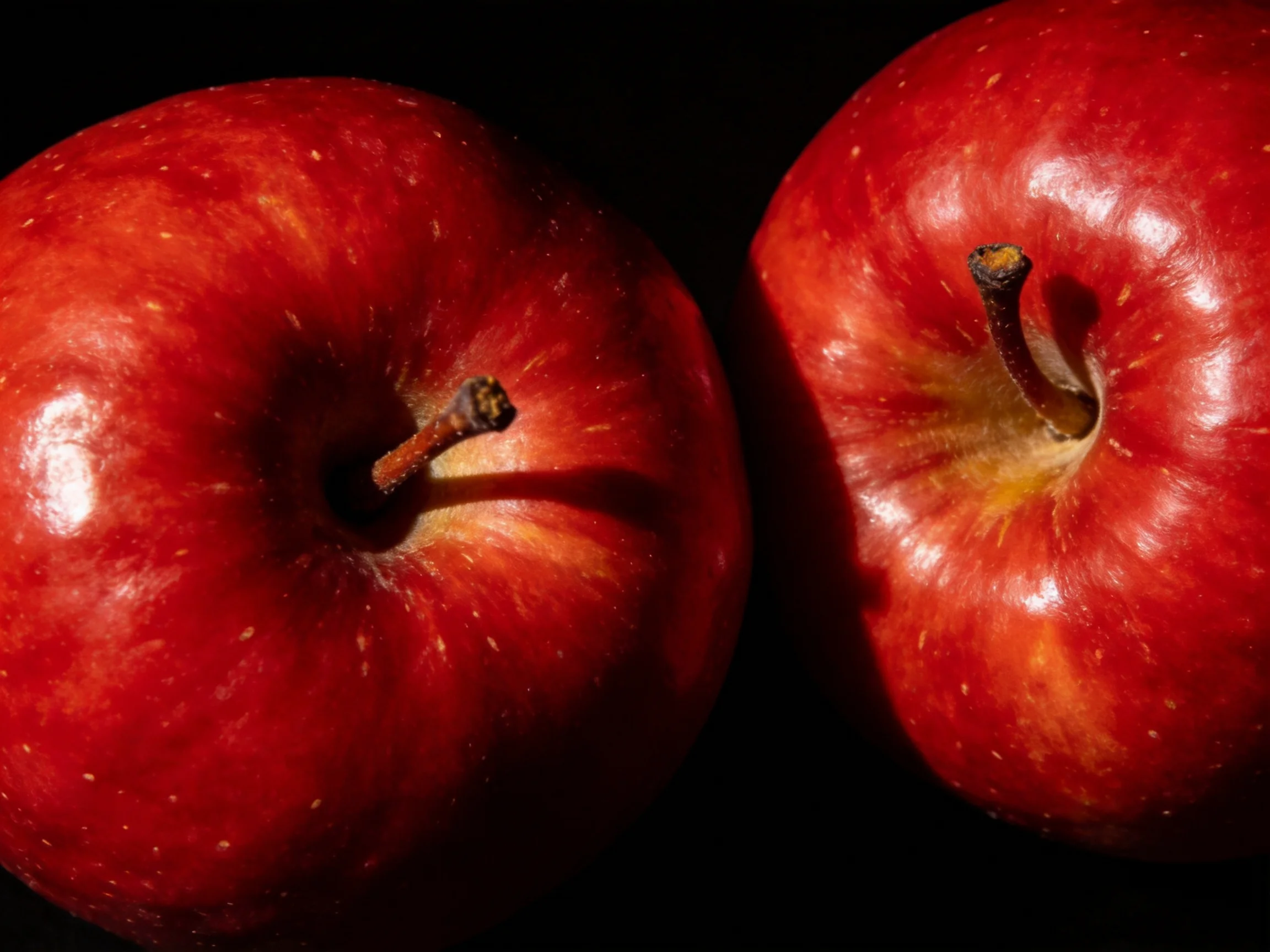 Two glossy red apples displayed against a dark backdrop