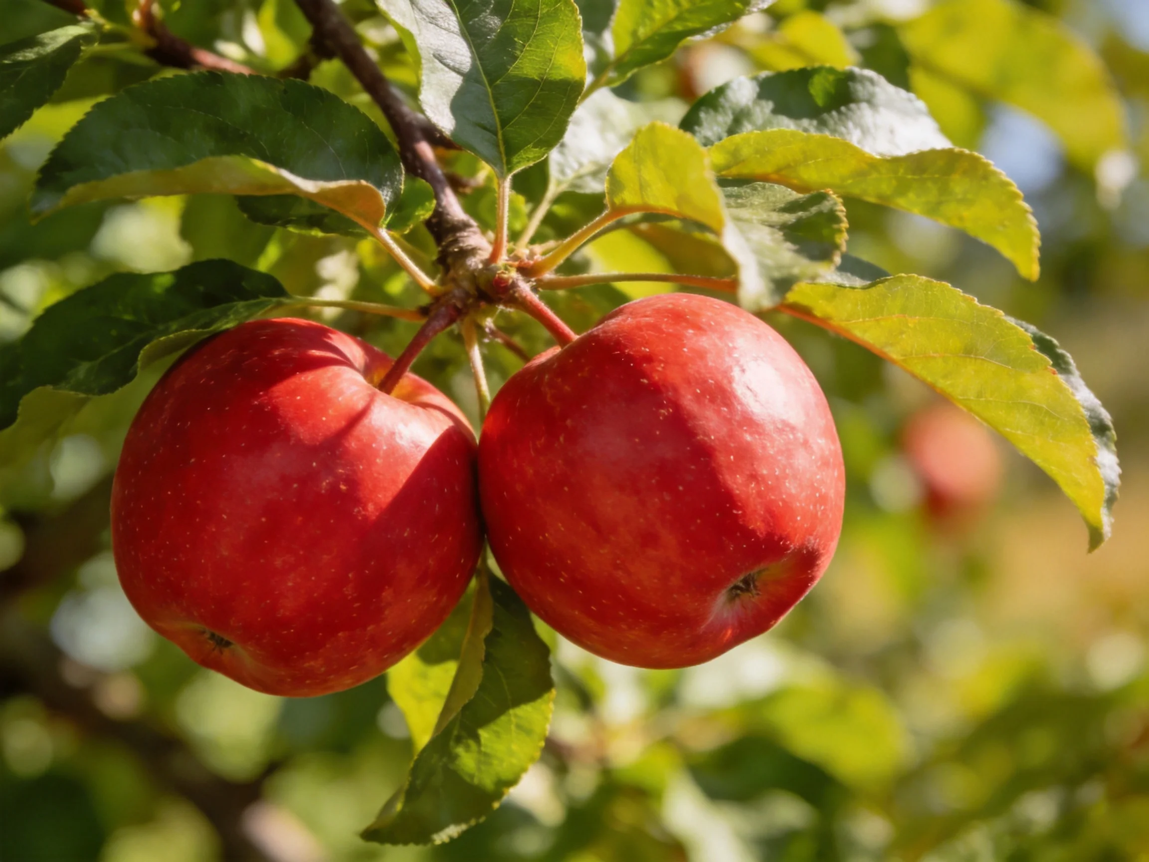 Two glossy red apples hang from a branch amid green foliage